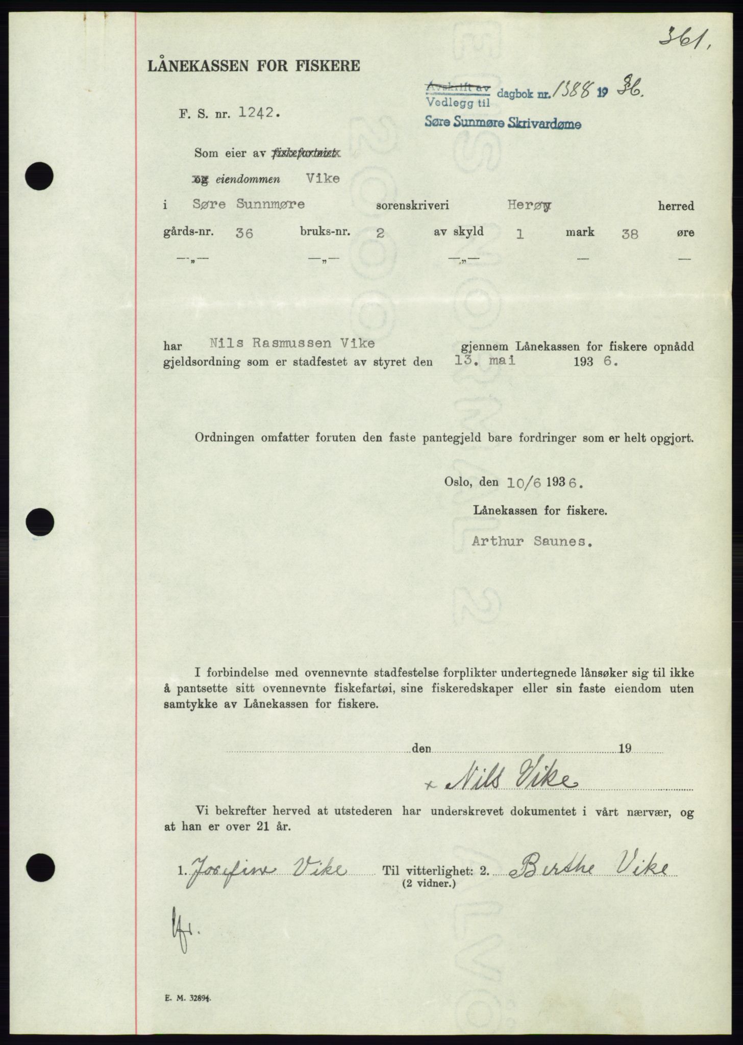 Søre Sunnmøre sorenskriveri, AV/SAT-A-4122/1/2/2C/L0061: Mortgage book no. 55, 1936-1936, Diary no: : 1388/1936