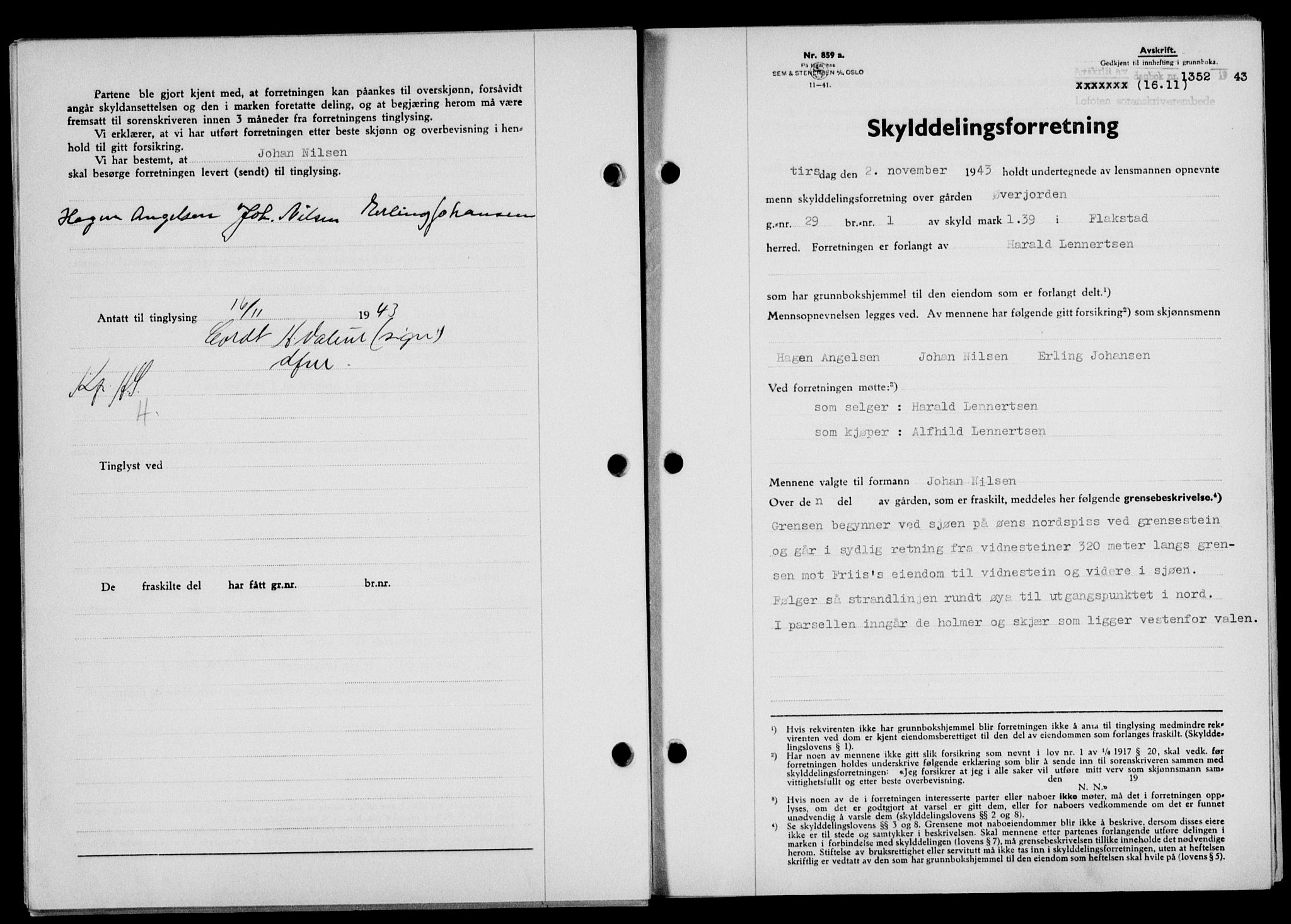 Lofoten sorenskriveri, SAT/A-0017/1/2/2C/L0011a: Mortgage book no. 11a, 1943-1943, Diary no: : 1352/1943