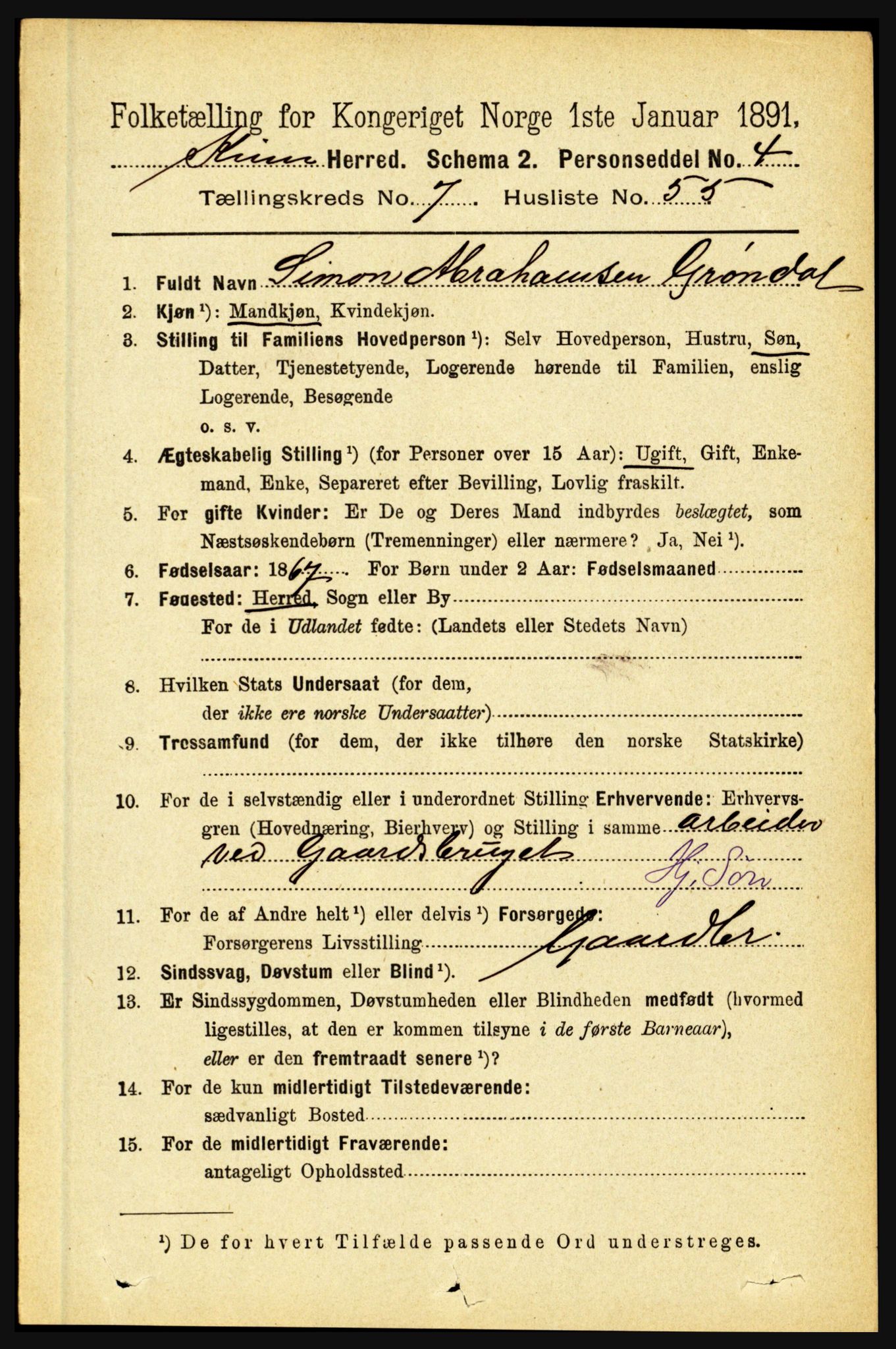 RA, 1891 census for 1437 Kinn, 1891, p. 3052