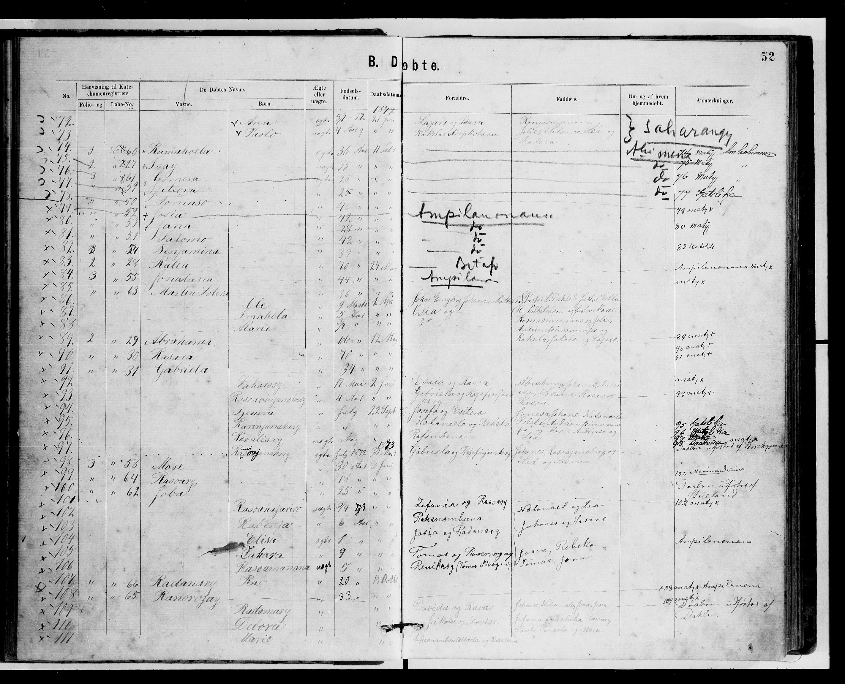 Archives FLM/NMS, Madagaskar, VID/MA-A-1163/D/Db/L0269: Parish register (official) no. 1, 1867-1884, p. 52