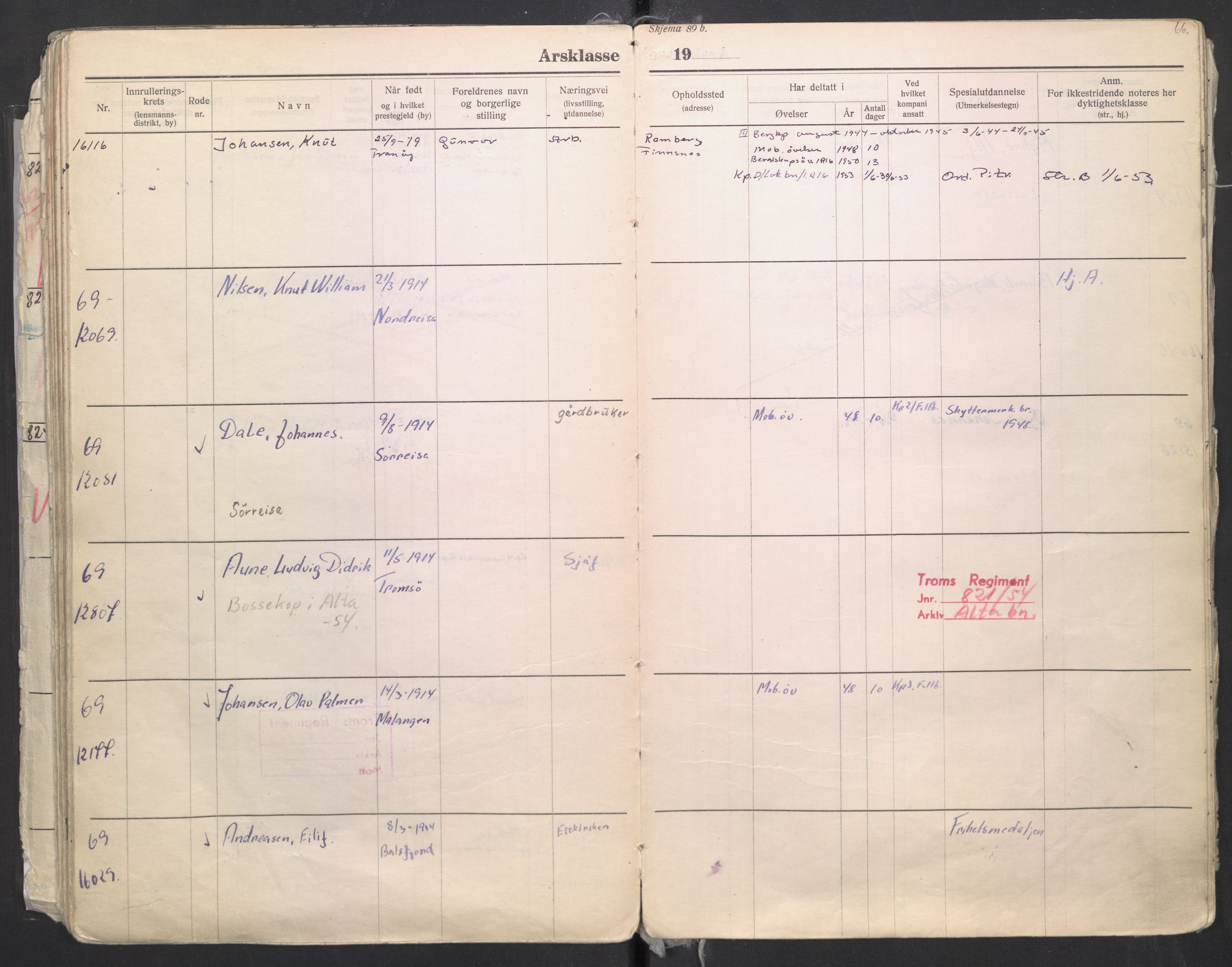 Forsvaret, Troms infanteriregiment nr. 16, AV/RA-RAFA-3146/P/Pa/L0006/0008: Ruller / Rulle for regimentets menige mannskaper, årsklasse 1935, 1935, p. 66