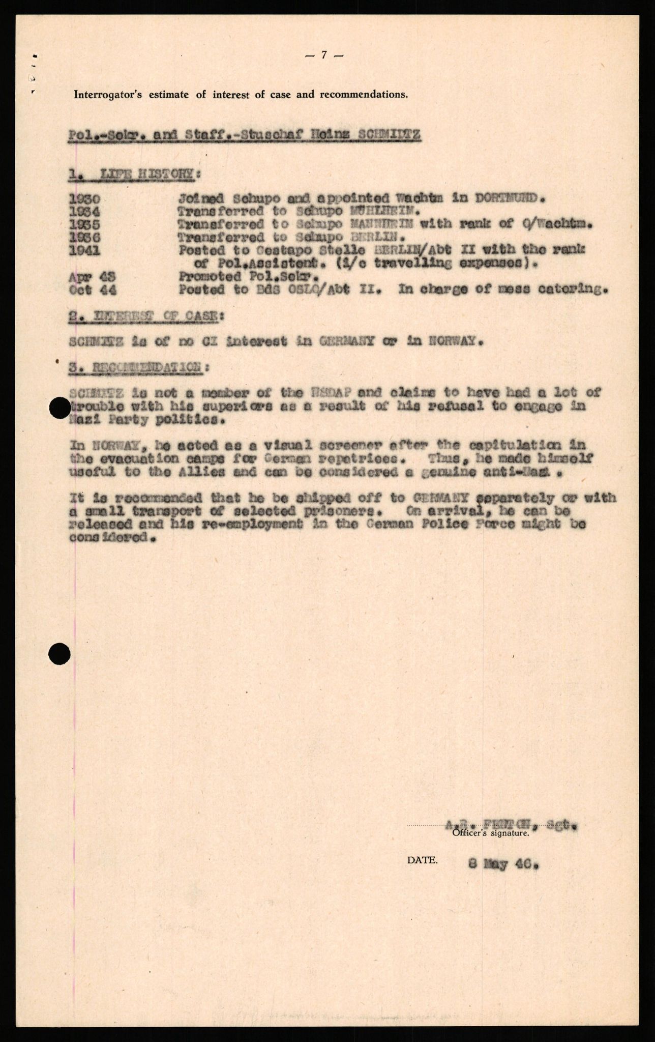 Forsvaret, Forsvarets overkommando II, RA/RAFA-3915/D/Db/L0029: CI Questionaires. Tyske okkupasjonsstyrker i Norge. Tyskere., 1945-1946, p. 475