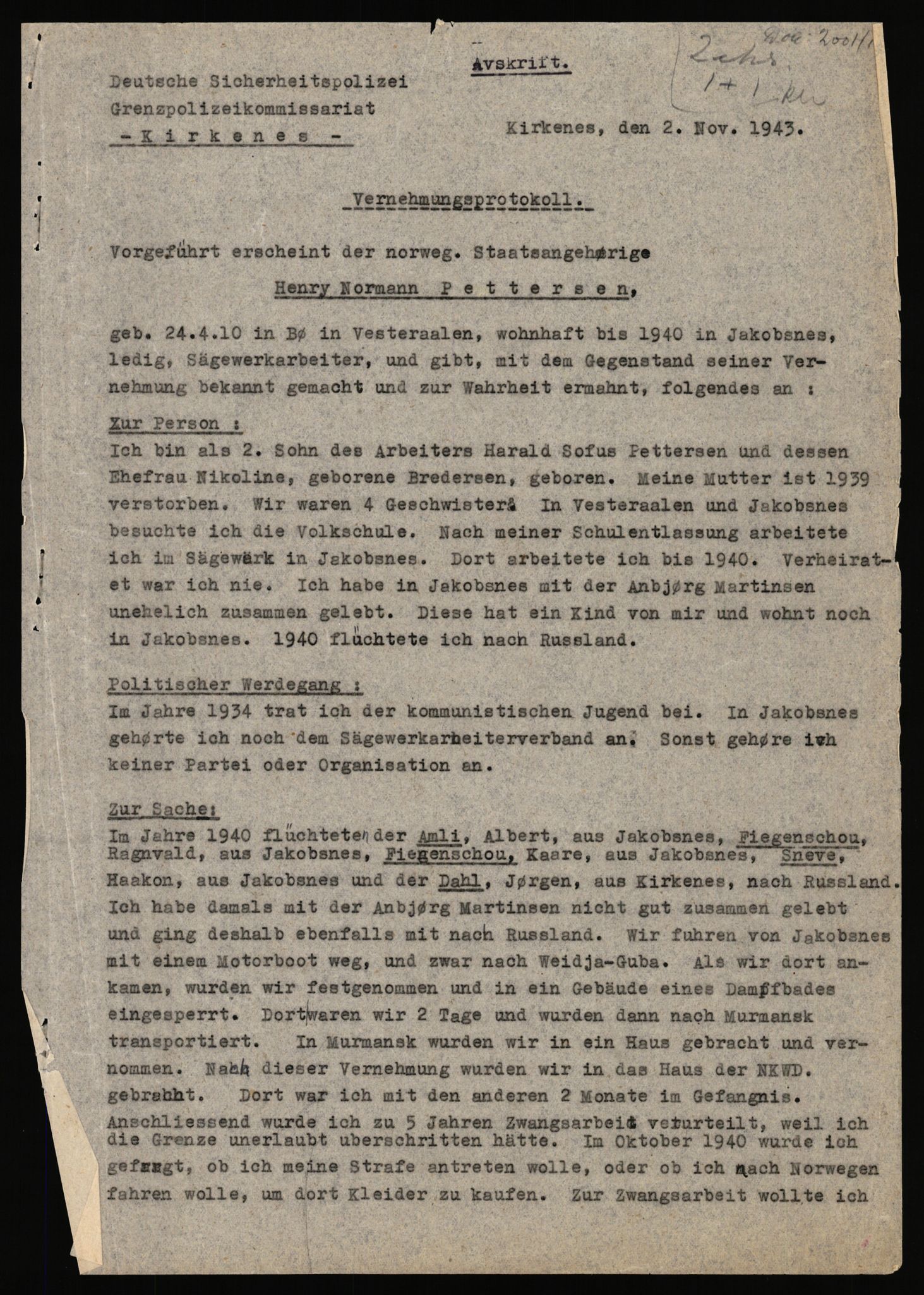 Forsvaret, Forsvarets overkommando II, RA/RAFA-3915/D/Da/L0008/0006: Tyske og sovjetiske dokumenter / Tyske saksdokumenter vedr. sovjetisk E-tjeneste i Finnmark, 1939-1945, p. 1