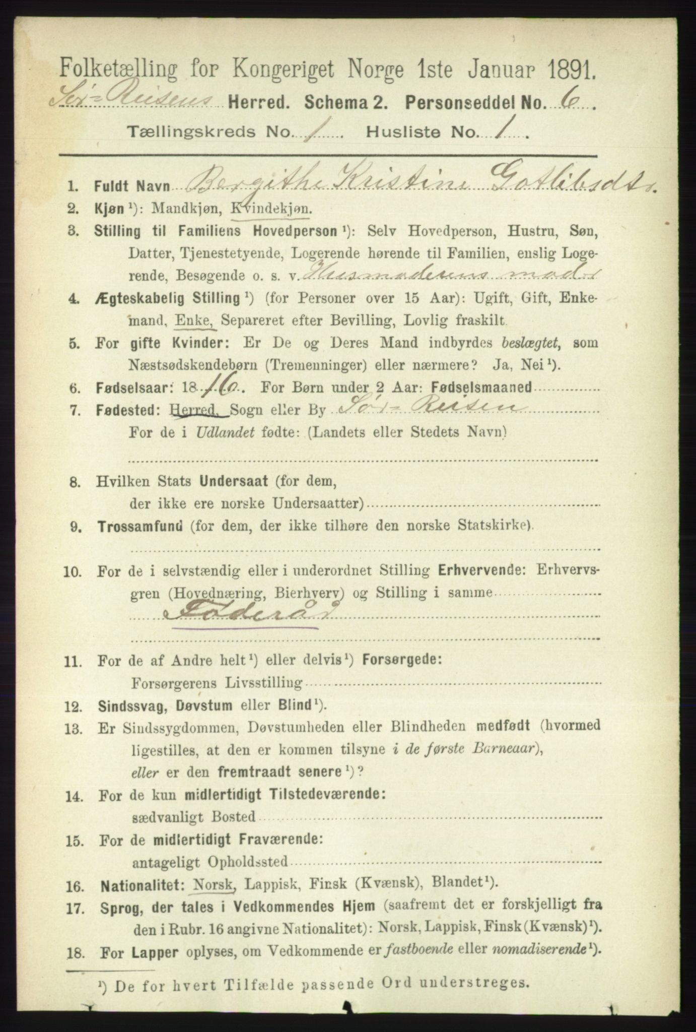 RA, 1891 census for 1925 Sørreisa, 1891, p. 67