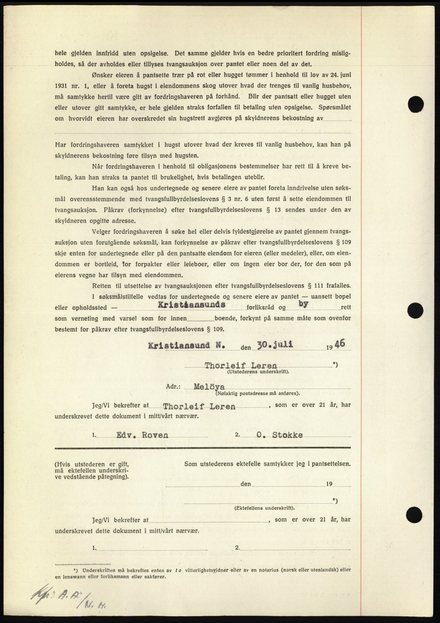 Nordmøre sorenskriveri, AV/SAT-A-4132/1/2/2Ca: Mortgage book no. B94, 1946-1946, Diary no: : 1434/1946