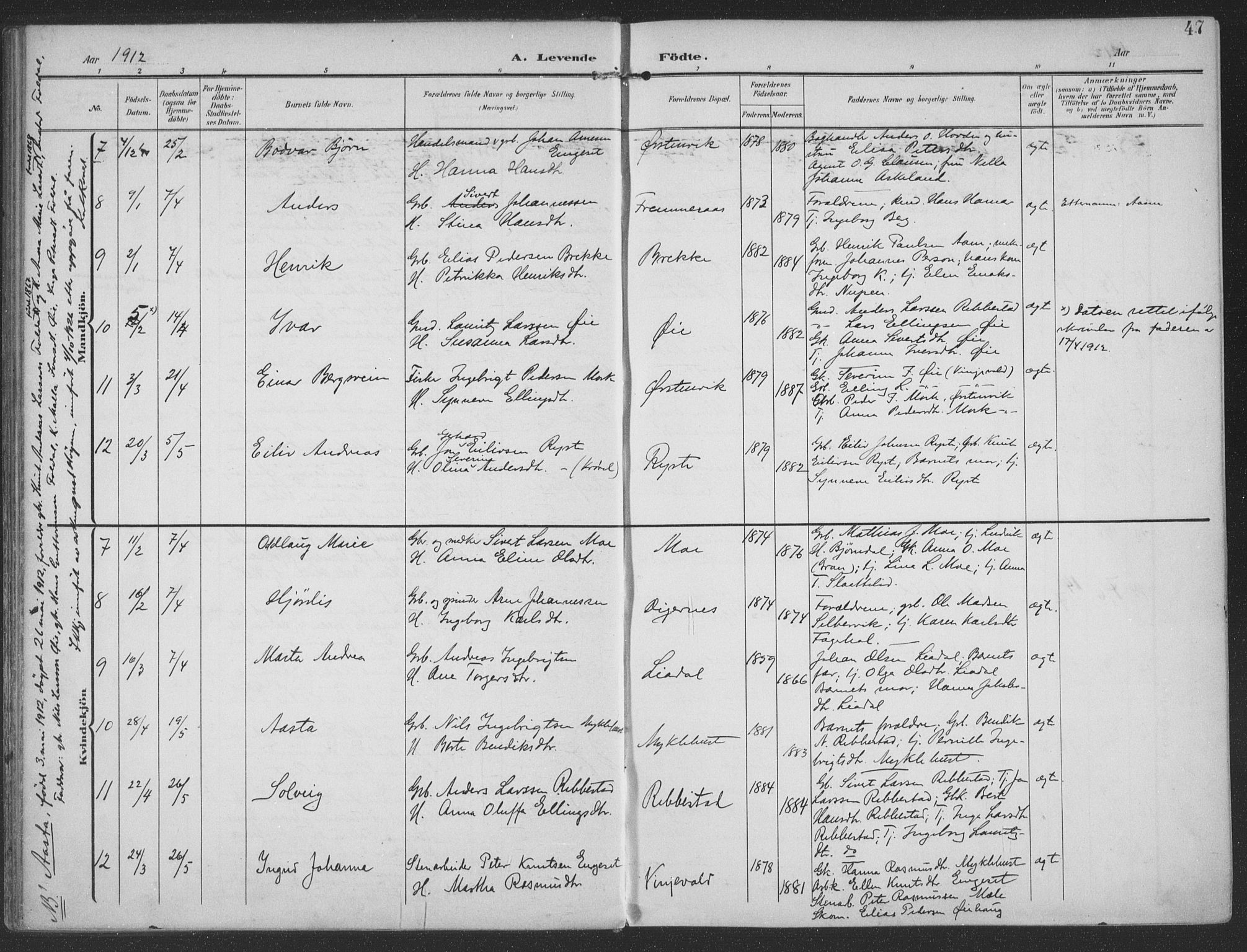 Ministerialprotokoller, klokkerbøker og fødselsregistre - Møre og Romsdal, SAT/A-1454/513/L0178: Parish register (official) no. 513A05, 1906-1919, p. 47