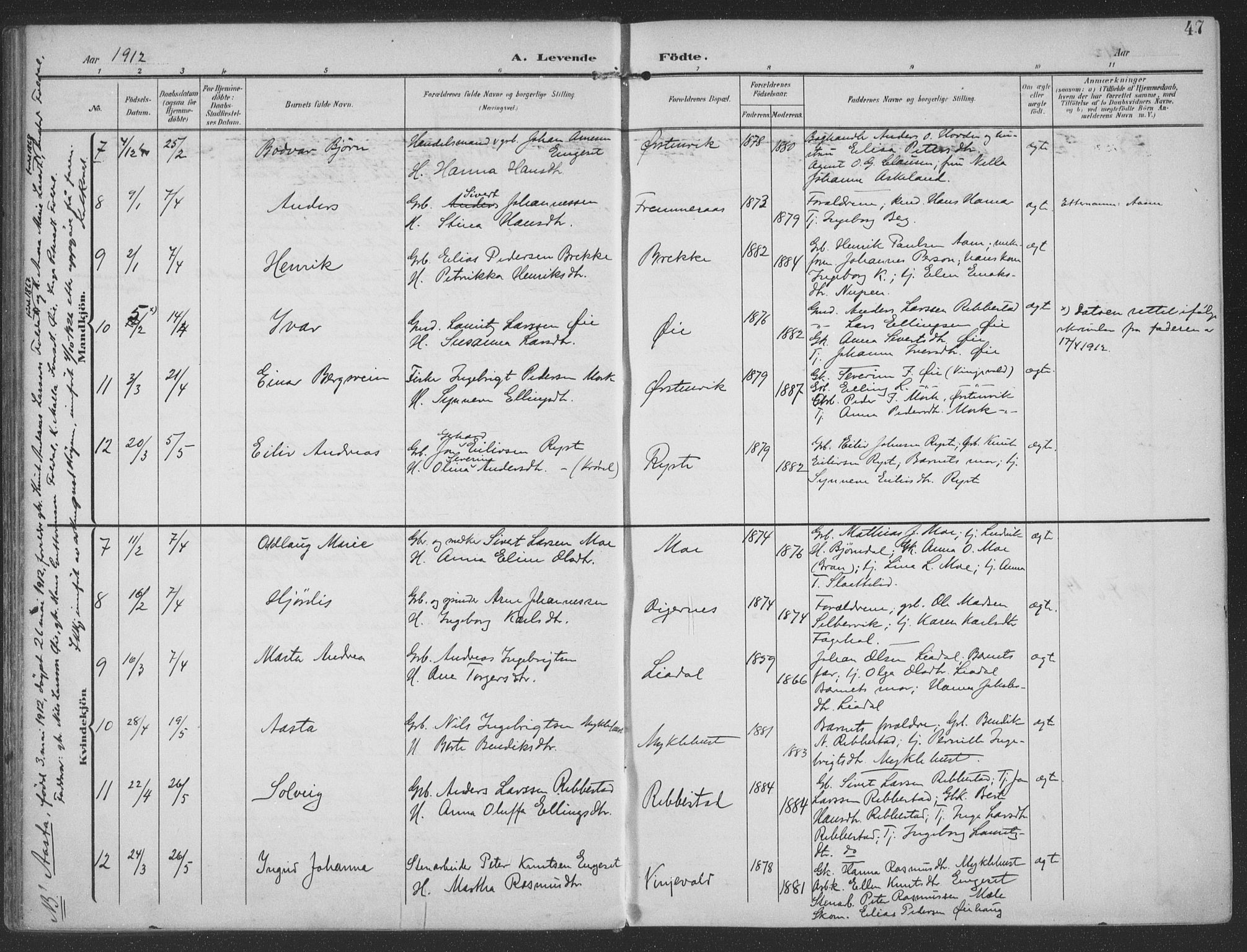 Ministerialprotokoller, klokkerbøker og fødselsregistre - Møre og Romsdal, AV/SAT-A-1454/513/L0178: Parish register (official) no. 513A05, 1906-1919, p. 47