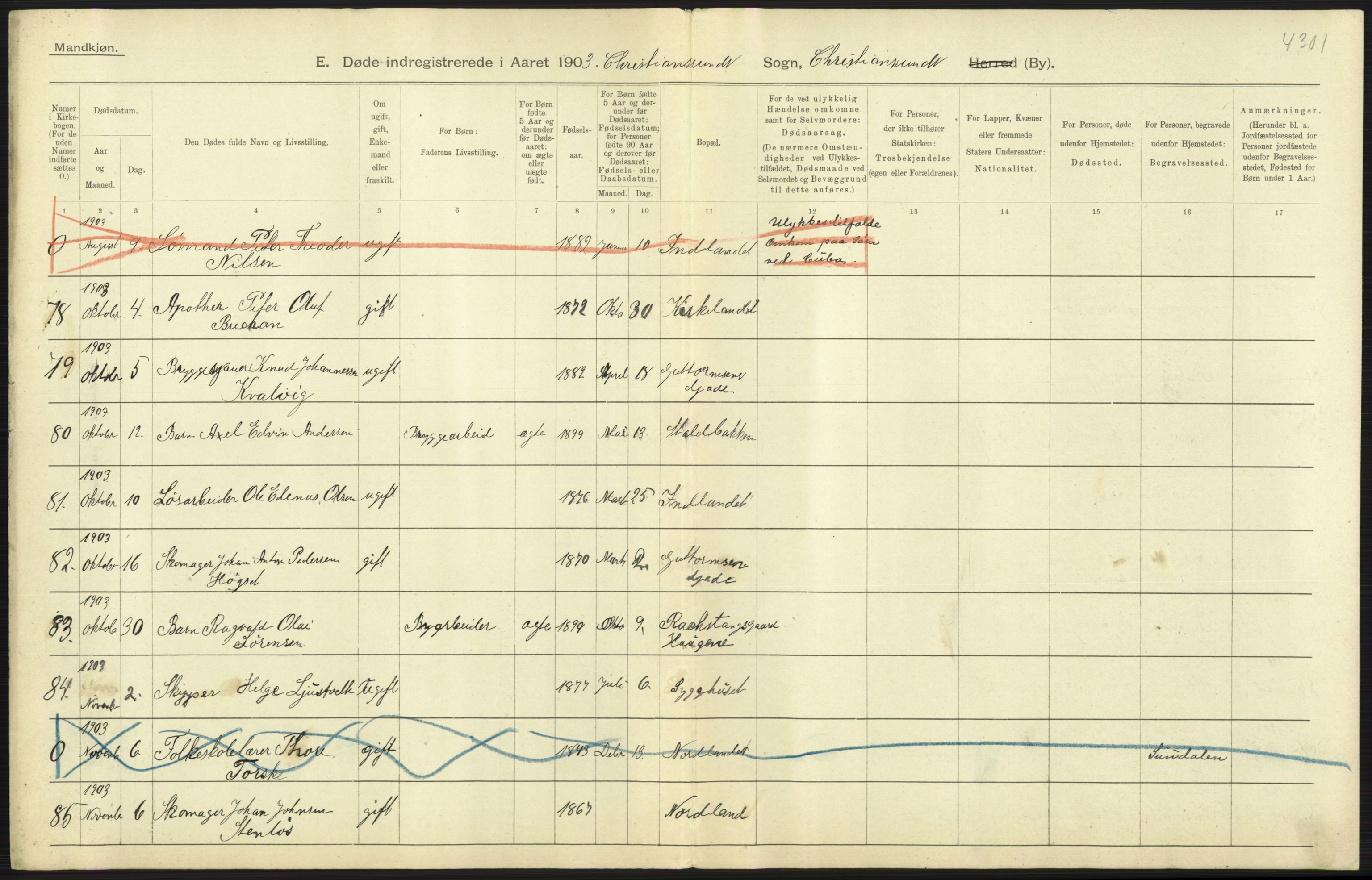 Statistisk sentralbyrå, Sosiodemografiske emner, Befolkning, AV/RA-S-2228/D/Df/Dfa/Dfaa/L0016: Romsdal amt: Fødte, gifte, døde., 1903, p. 1011