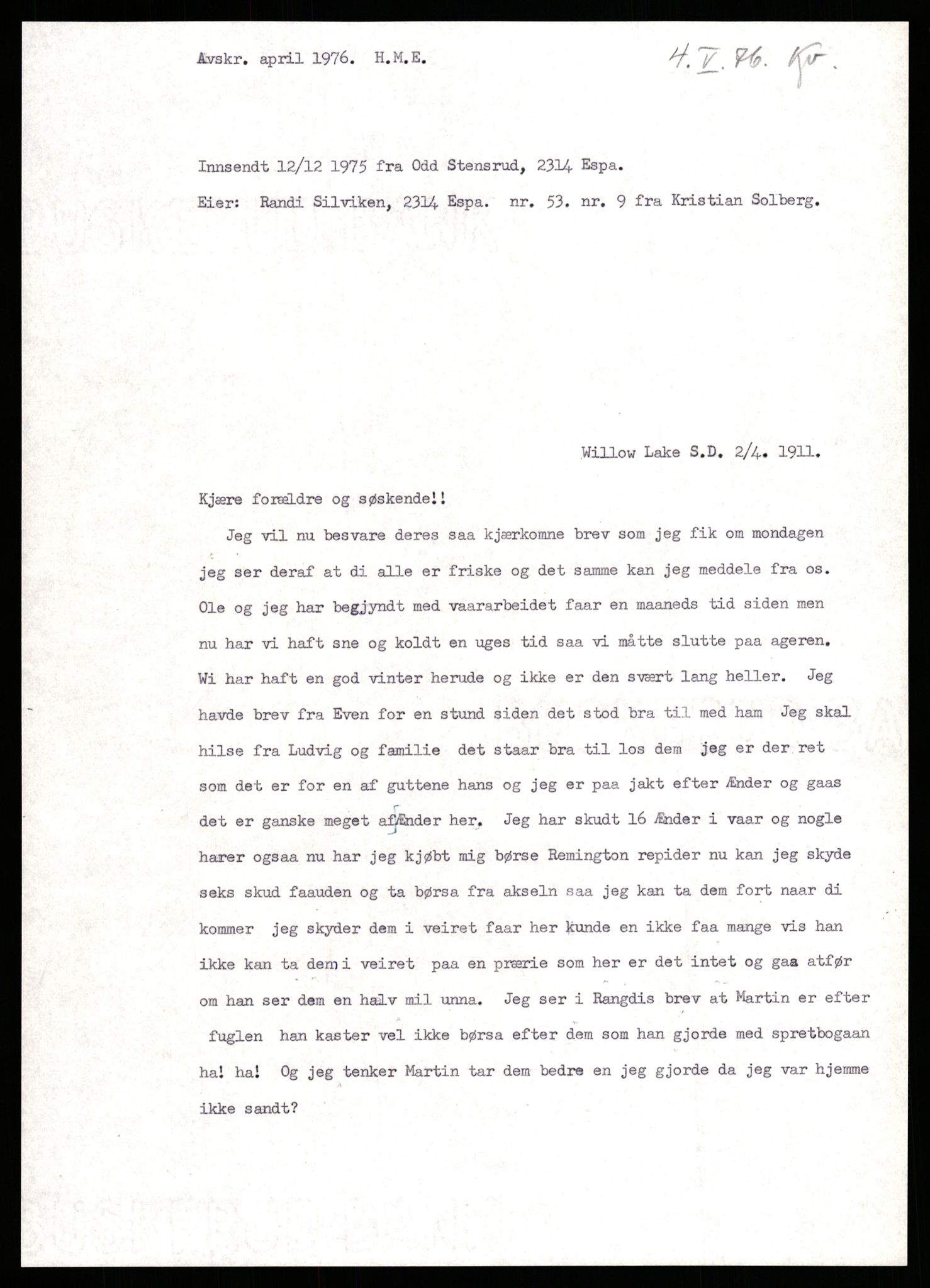 Samlinger til kildeutgivelse, Amerikabrevene, RA/EA-4057/F/L0009: Innlån fra Hedmark: Statsarkivet i Hamar - Wærenskjold, 1838-1914, p. 518