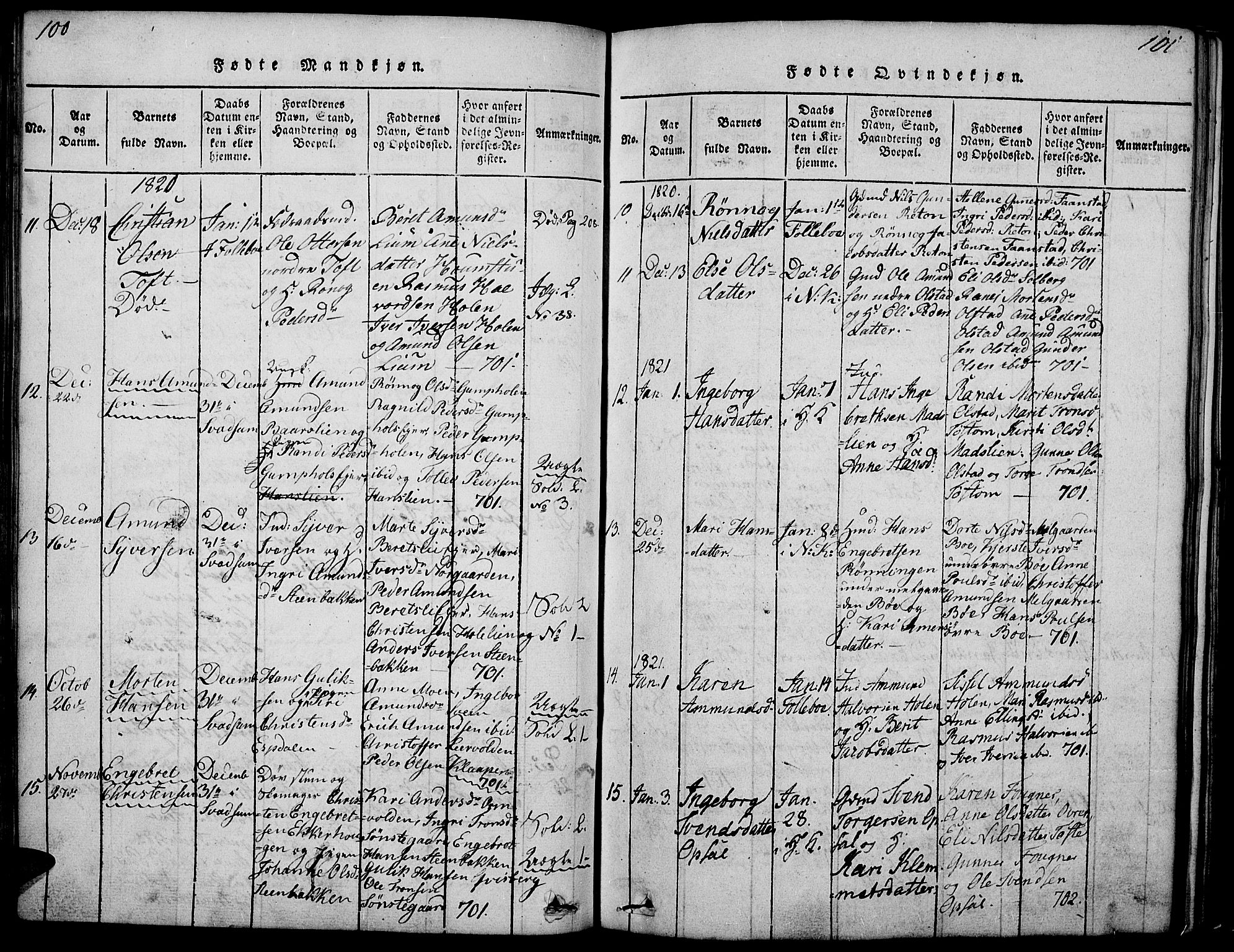 Gausdal prestekontor, AV/SAH-PREST-090/H/Ha/Haa/L0005: Parish register (official) no. 5, 1817-1829, p. 100-101