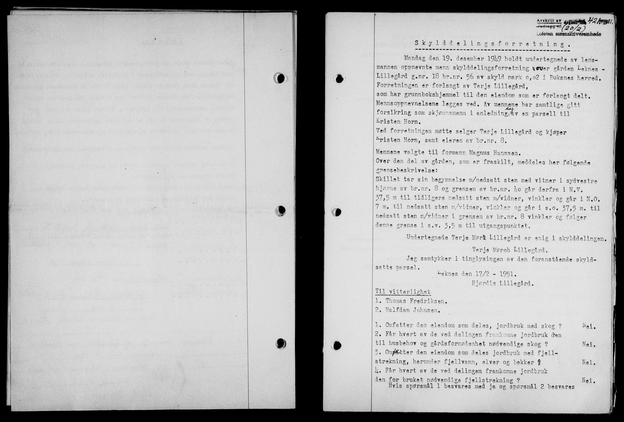Lofoten sorenskriveri, SAT/A-0017/1/2/2C/L0025a: Mortgage book no. 25a, 1950-1951, Diary no: : 421/1951