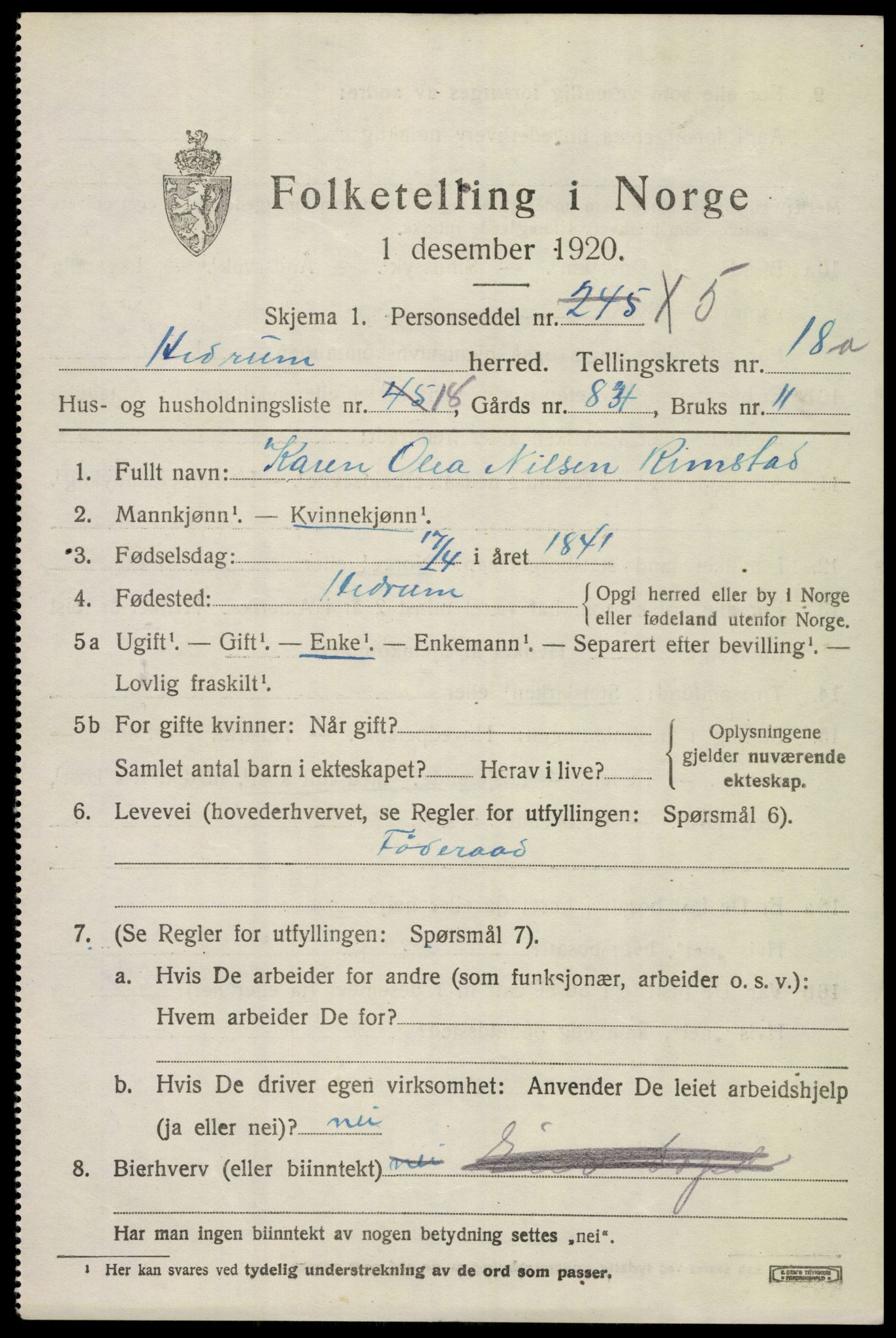 SAKO, 1920 census for Hedrum, 1920, p. 10999