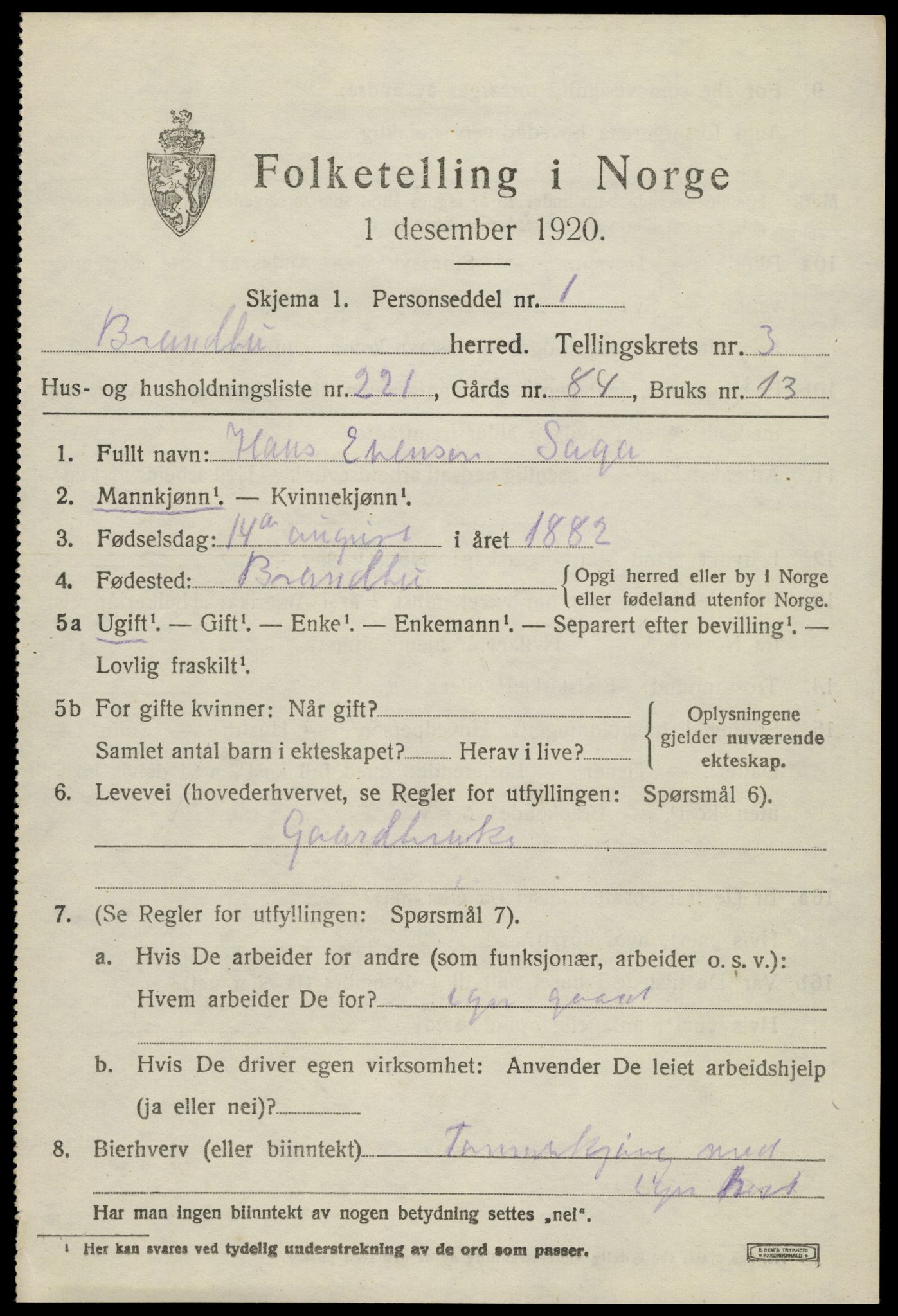 SAH, 1920 census for Brandbu, 1920, p. 10521