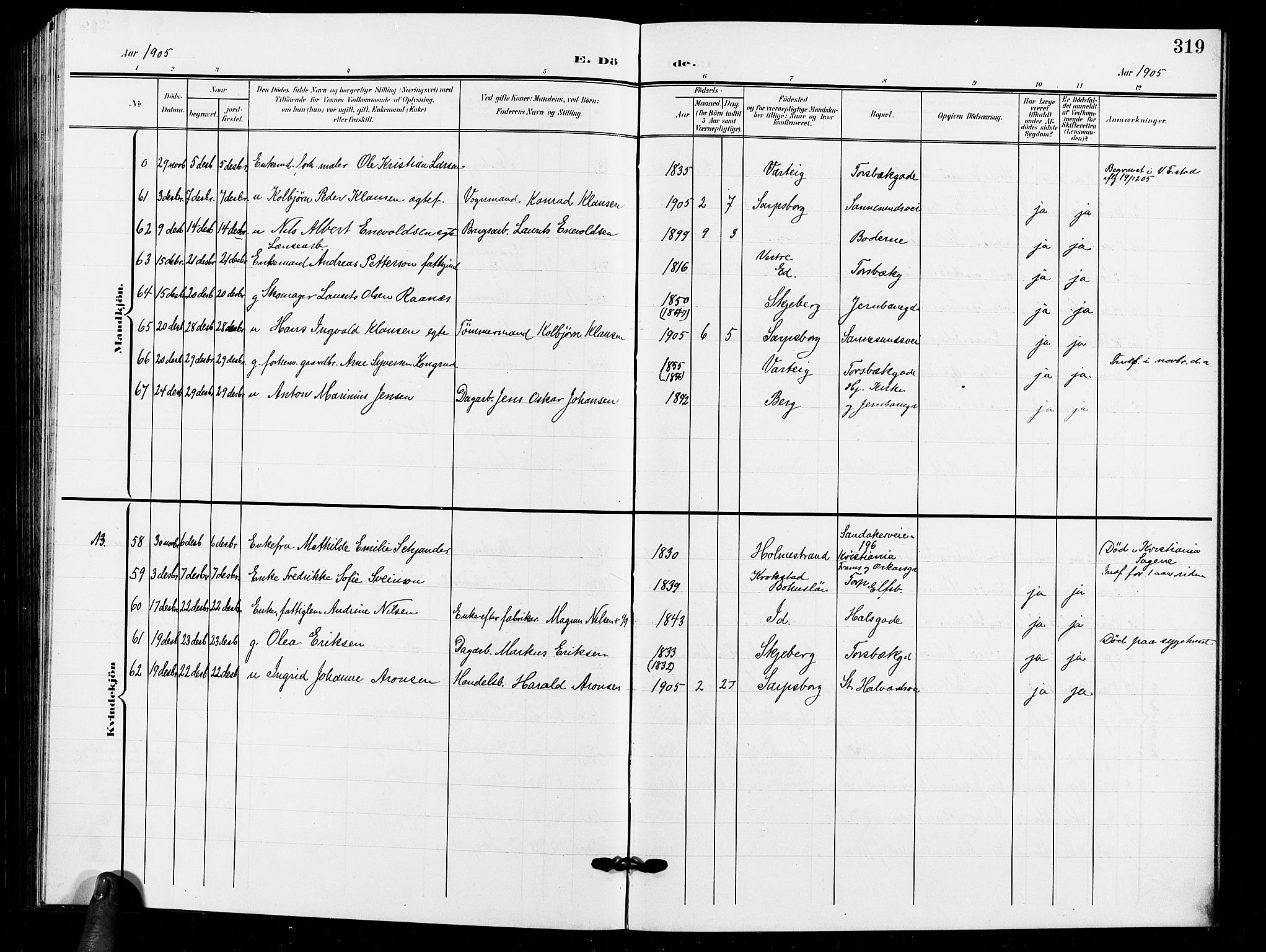 Sarpsborg prestekontor Kirkebøker, AV/SAO-A-2006/G/Ga/L0001: Parish register (copy) no. 1, 1902-1911, p. 319