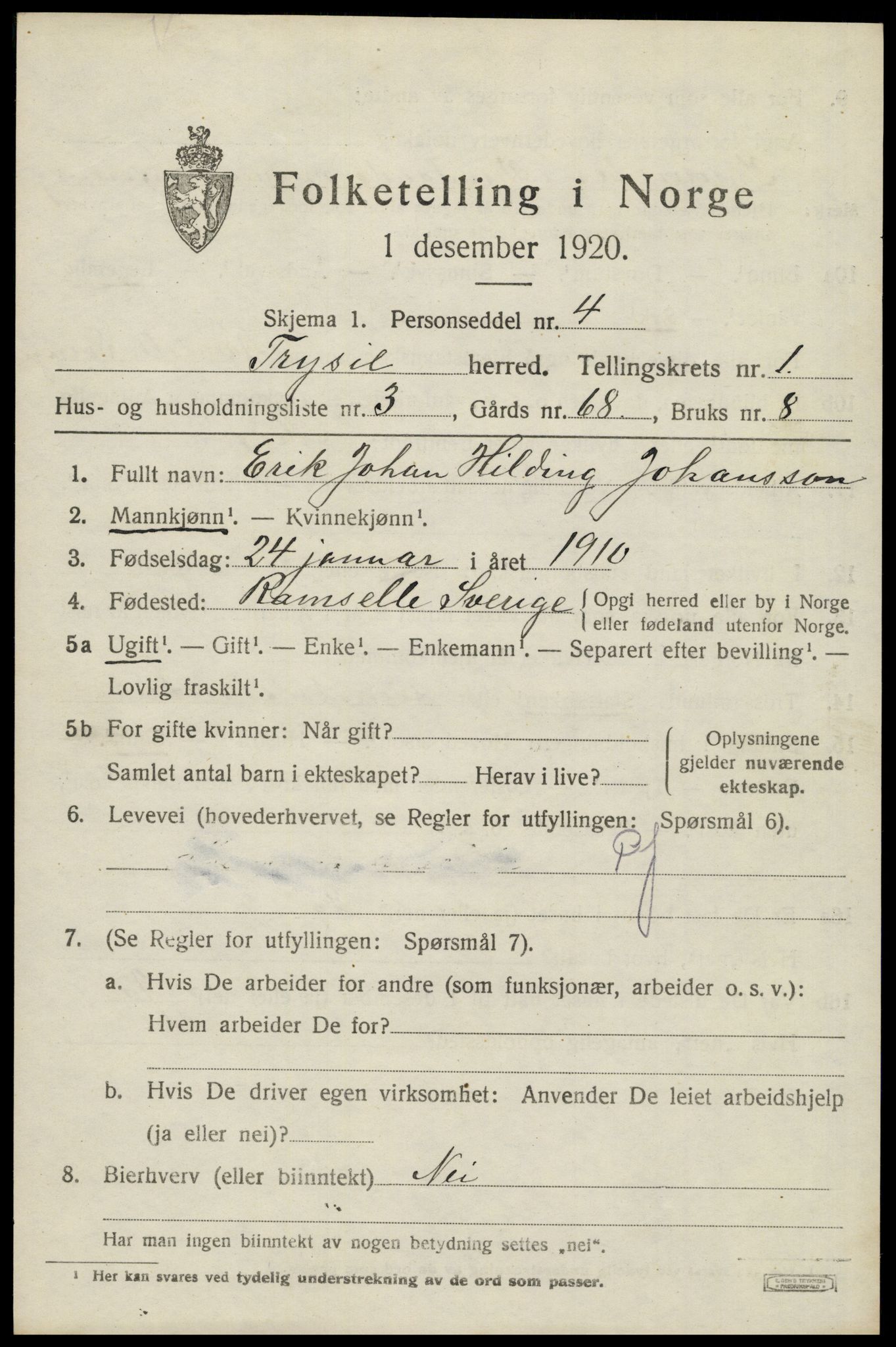 SAH, 1920 census for Trysil, 1920, p. 2563