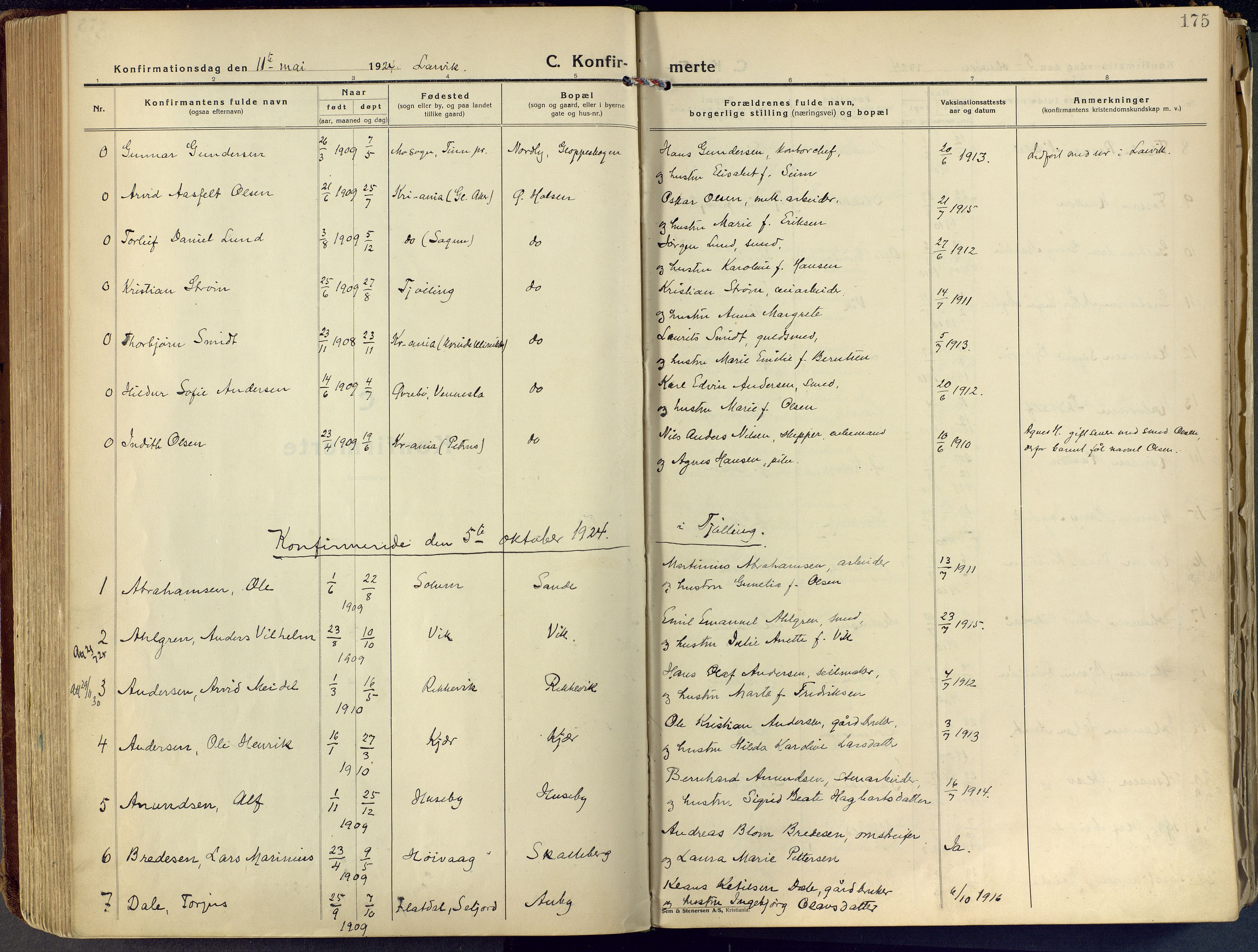 Tjølling kirkebøker, SAKO/A-60/F/Fa/L0011: Parish register (official) no. 11, 1924-1943, p. 175
