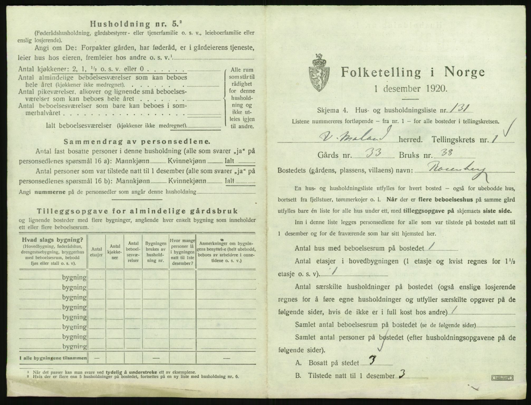 SAK, 1920 census for Vestre Moland, 1920, p. 303