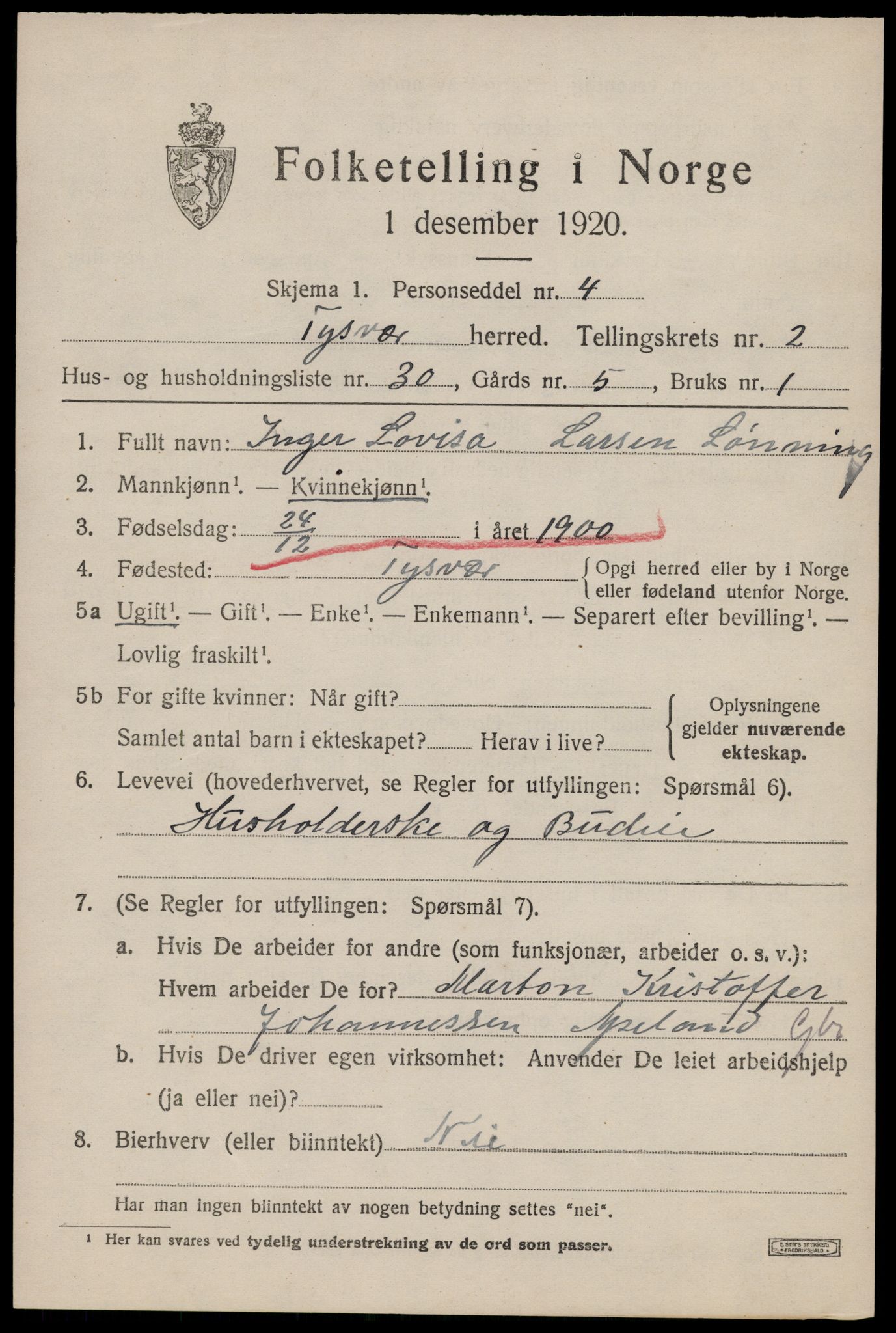 SAST, 1920 census for Tysvær, 1920, p. 1332