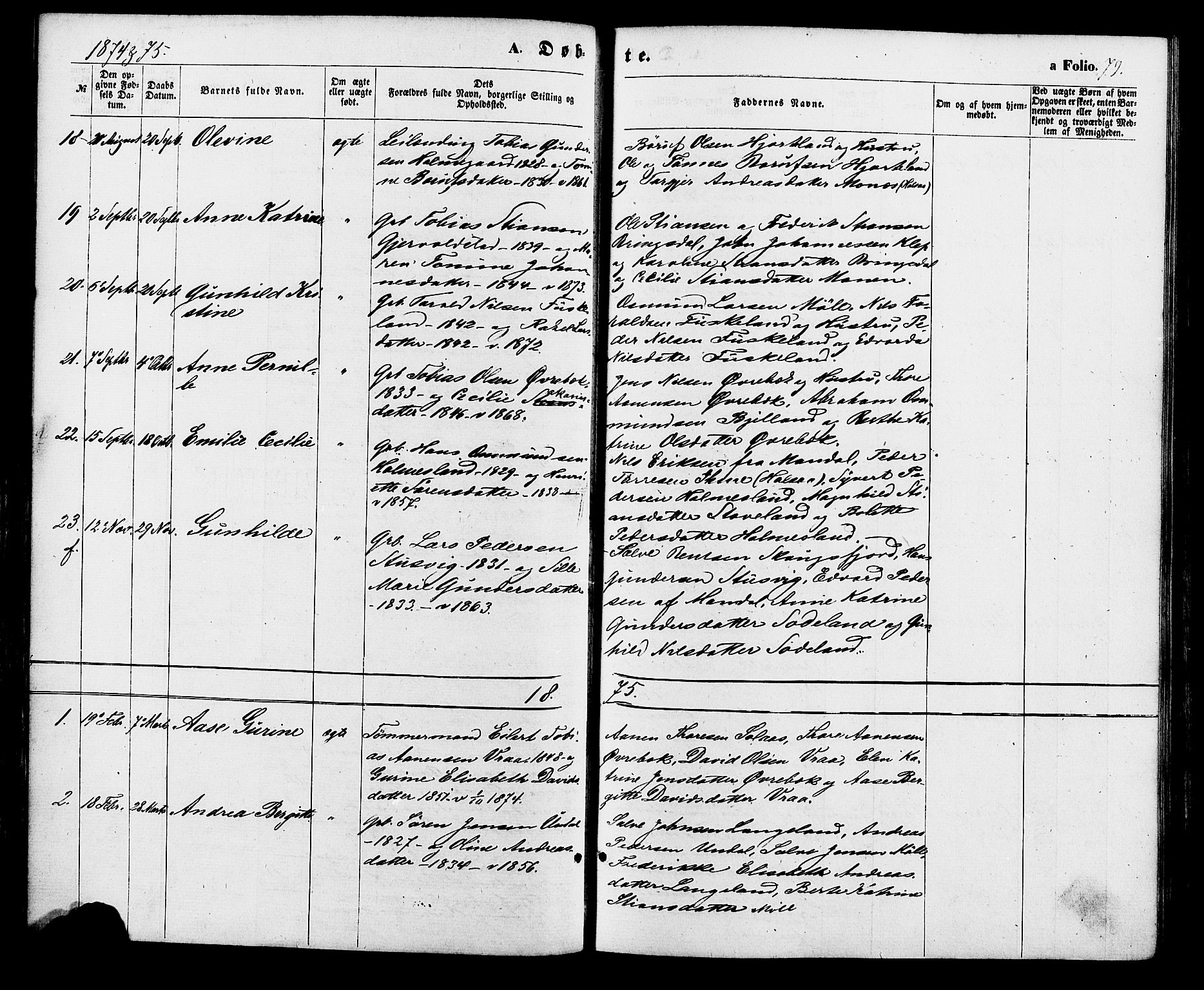 Holum sokneprestkontor, AV/SAK-1111-0022/F/Fa/Faa/L0006: Parish register (official) no. A 6, 1865-1883, p. 79