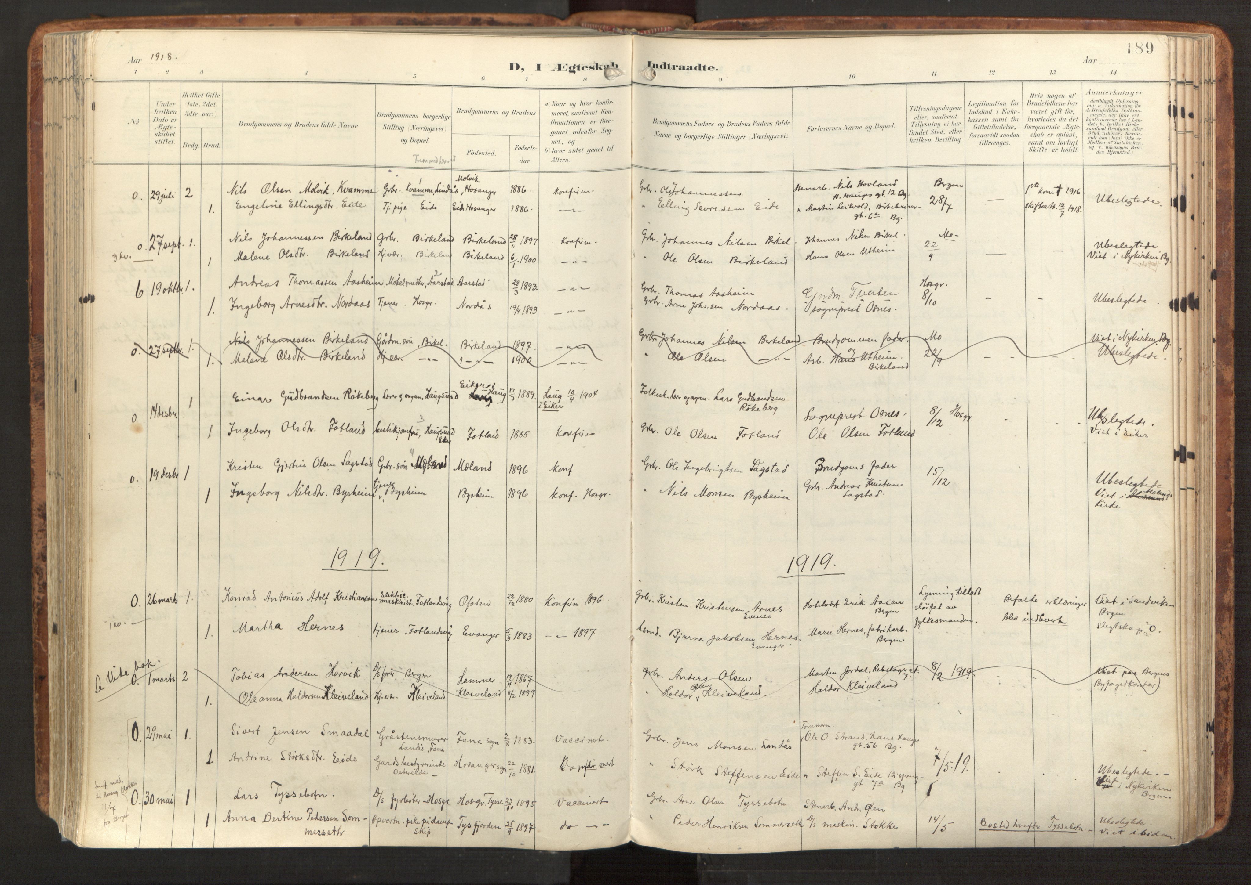 Hosanger sokneprestembete, AV/SAB-A-75801/H/Haa: Parish register (official) no. B 2, 1897-1923, p. 189