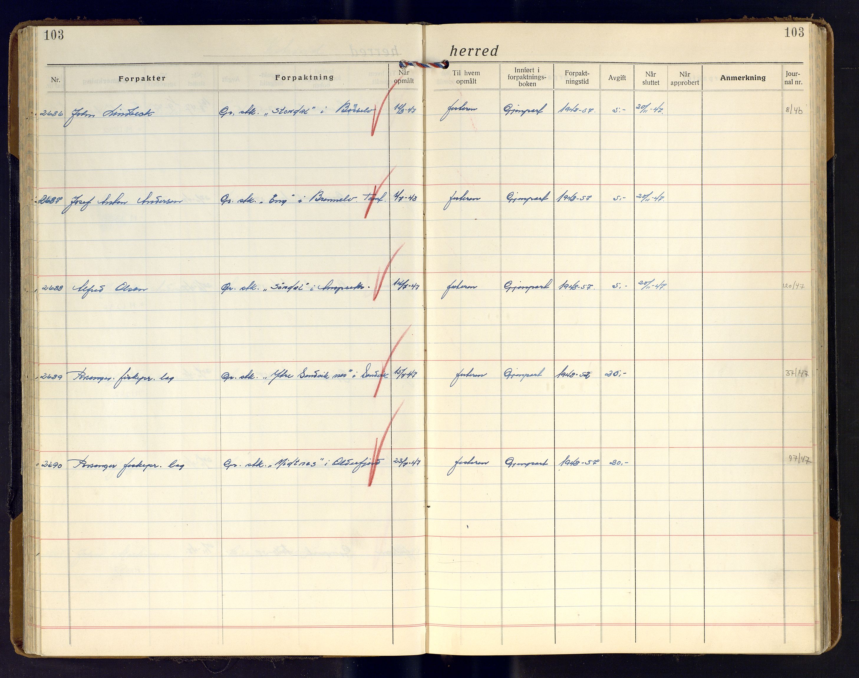 Finnmark jordsalgskommisjon/jordsalgskontor og Statskog SF Finnmark jordsalgskontor, AV/SATØ-S-1443/J/Ja/L0011: Forpaktningsbok for Finnmark II, 1921-1948, p. 103