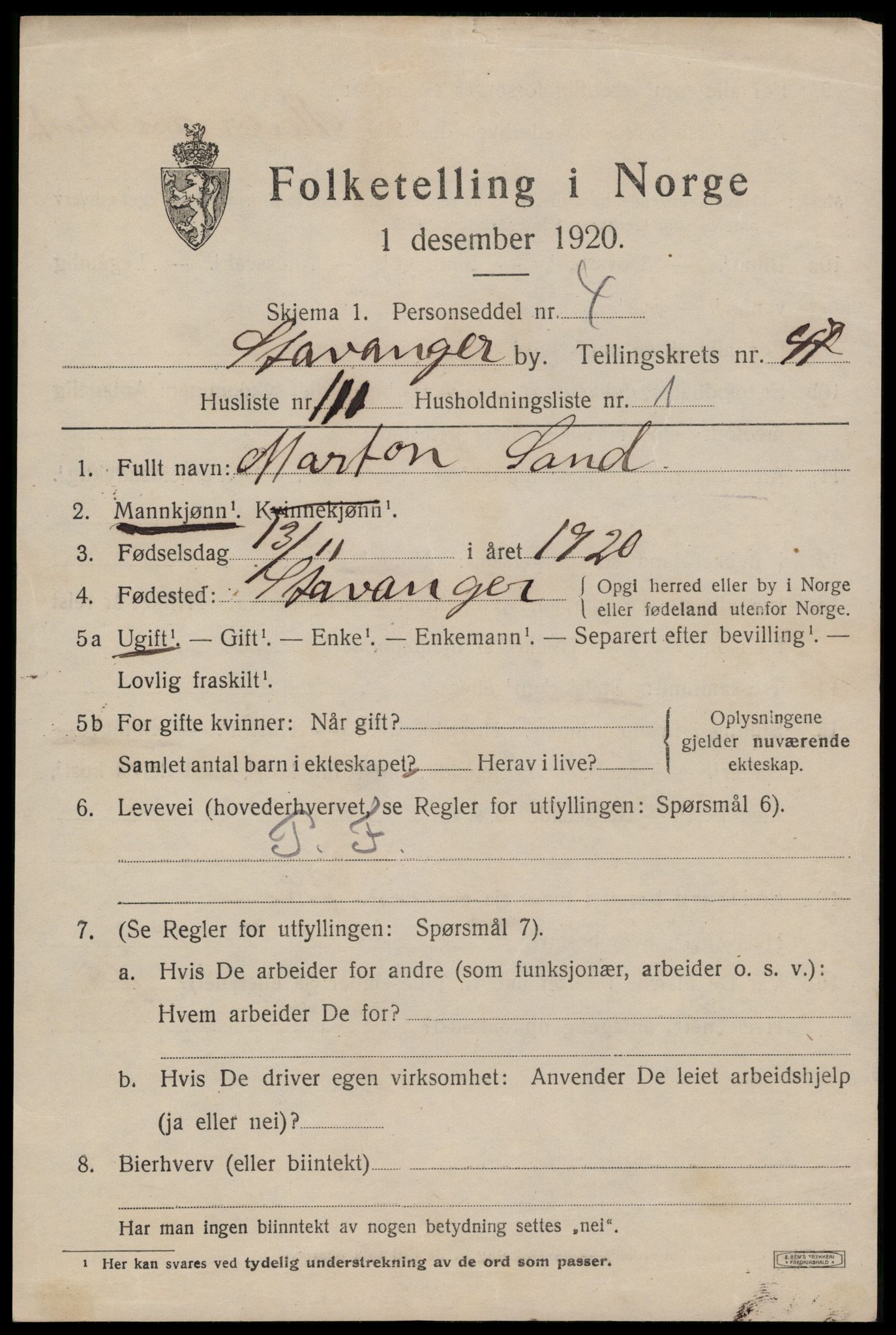 SAST, 1920 census for Stavanger, 1920, p. 115296