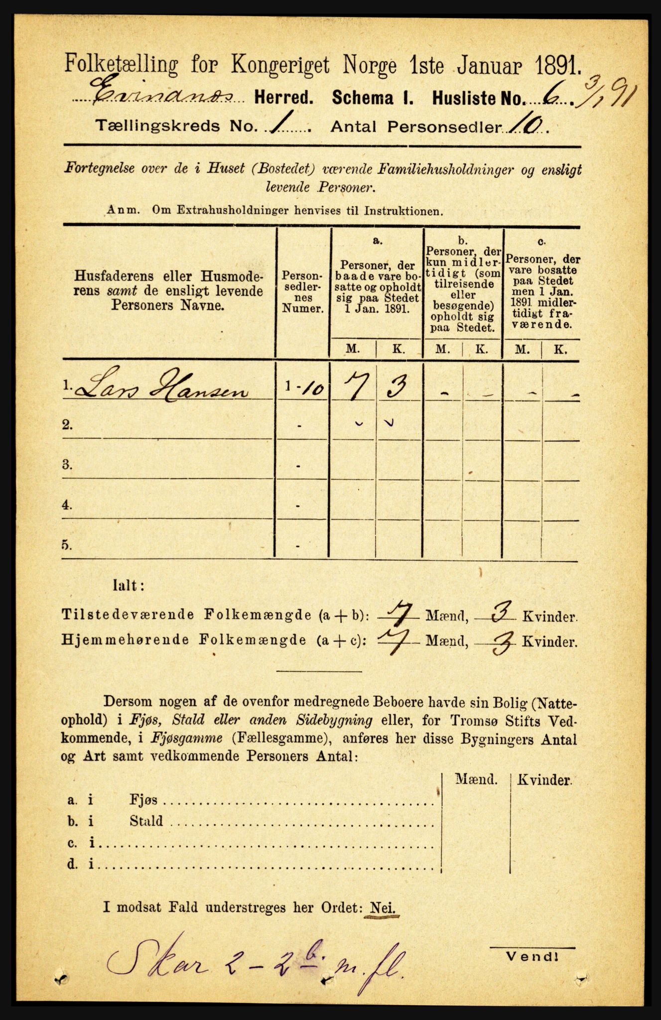 RA, 1891 census for 1853 Evenes, 1891, p. 34