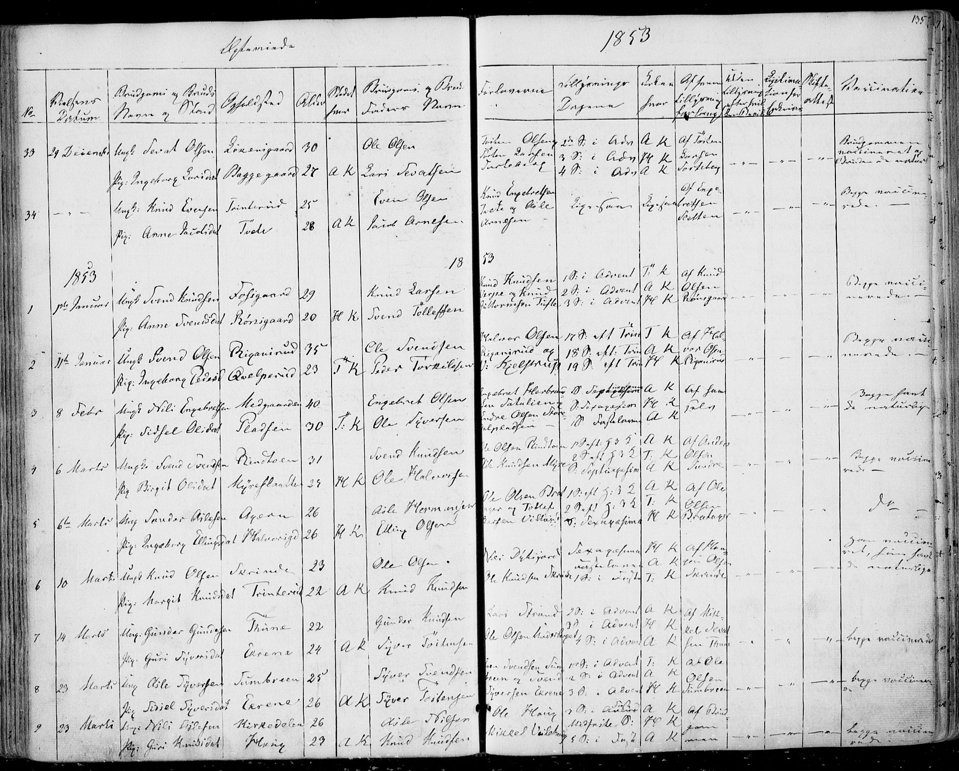 Ål kirkebøker, SAKO/A-249/F/Fa/L0006: Parish register (official) no. I 6, 1849-1864, p. 135