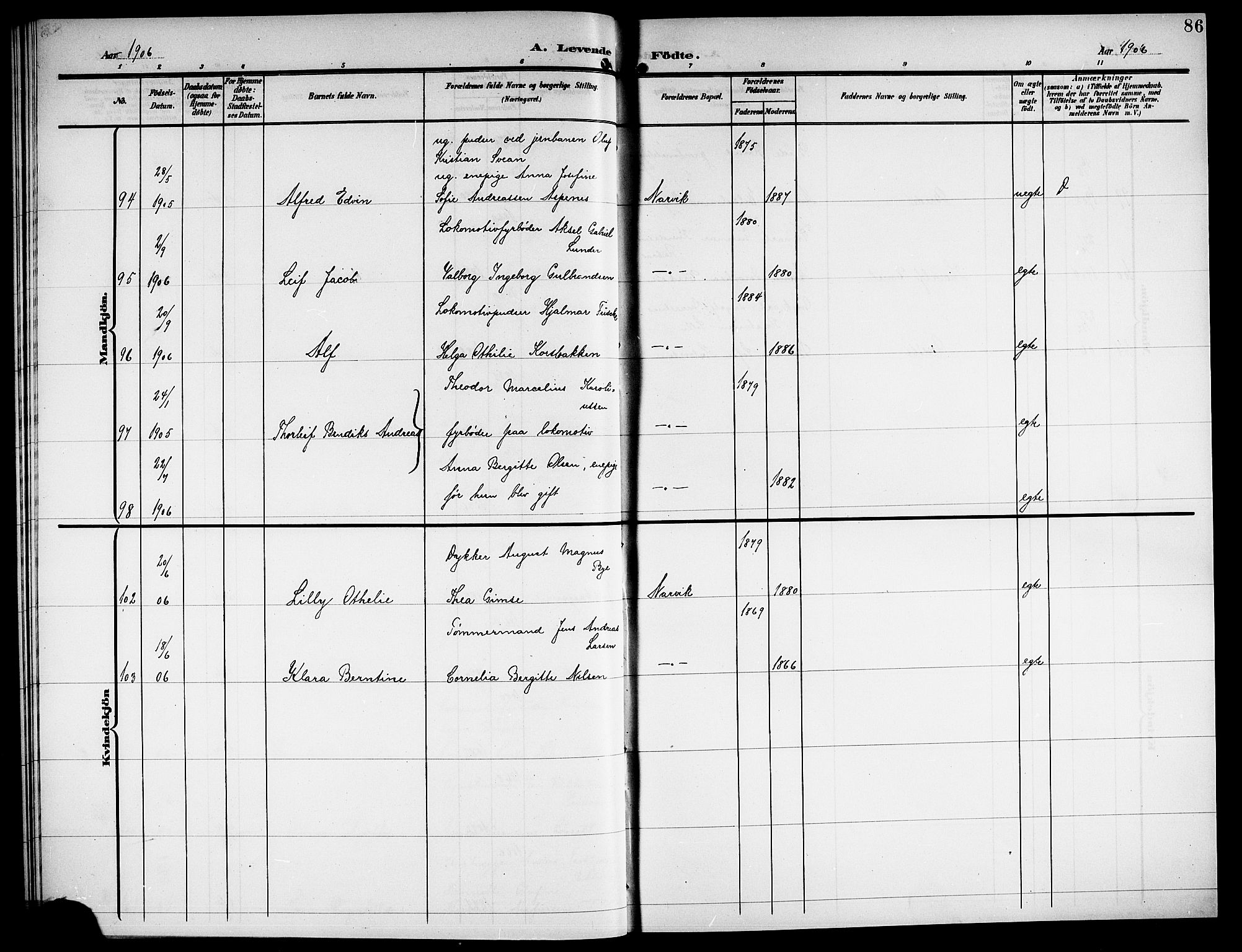 Ministerialprotokoller, klokkerbøker og fødselsregistre - Nordland, AV/SAT-A-1459/871/L1012: Parish register (copy) no. 871C01, 1902-1909, p. 86