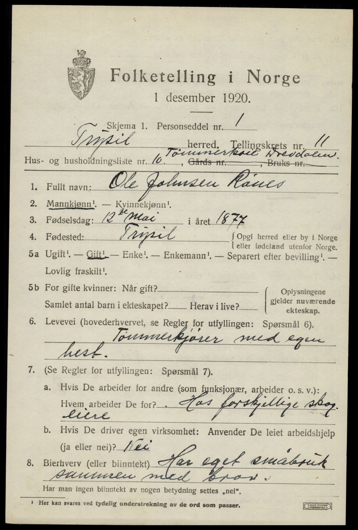 SAH, 1920 census for Trysil, 1920, p. 7063