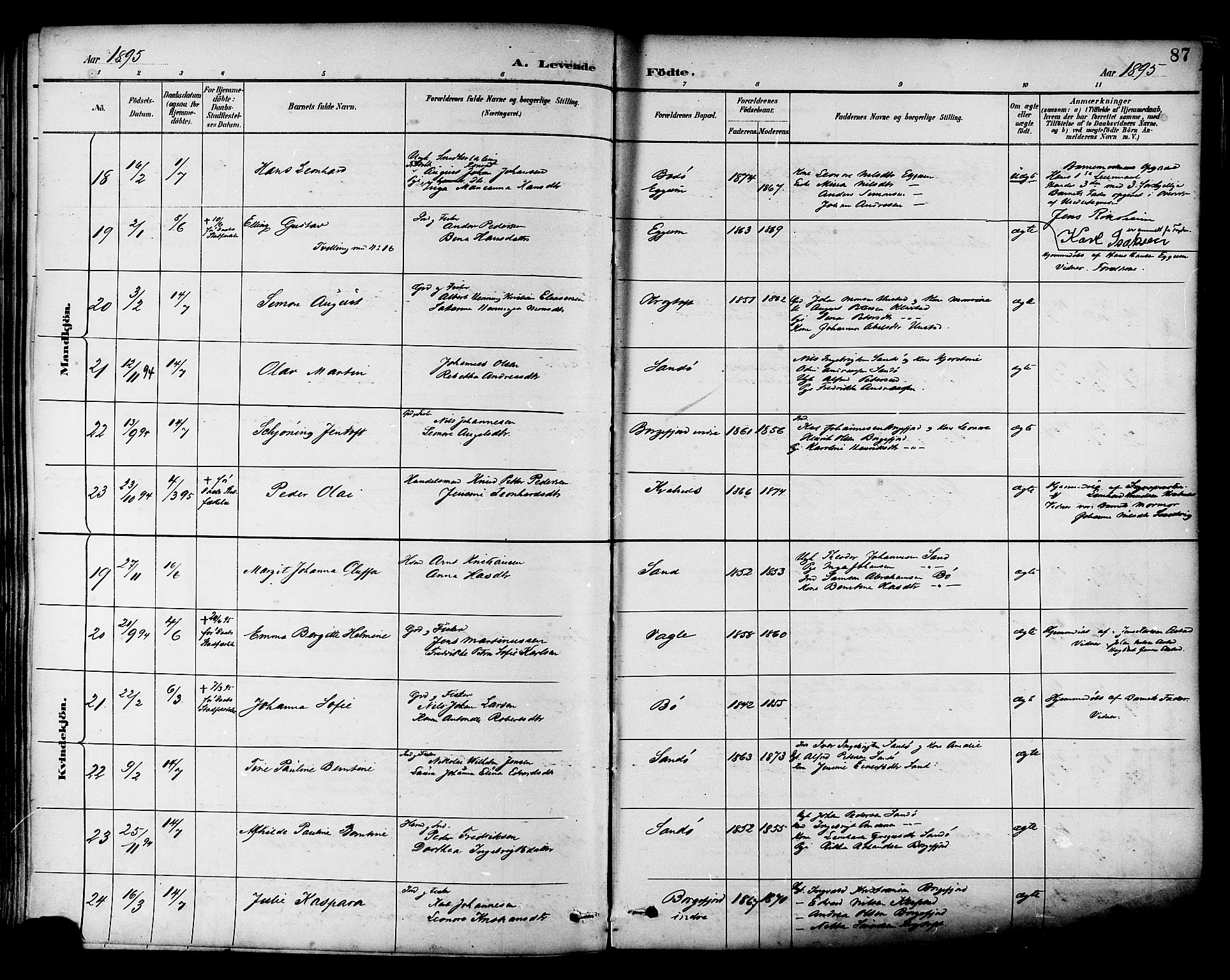 Ministerialprotokoller, klokkerbøker og fødselsregistre - Nordland, AV/SAT-A-1459/880/L1133: Parish register (official) no. 880A07, 1888-1898, p. 87