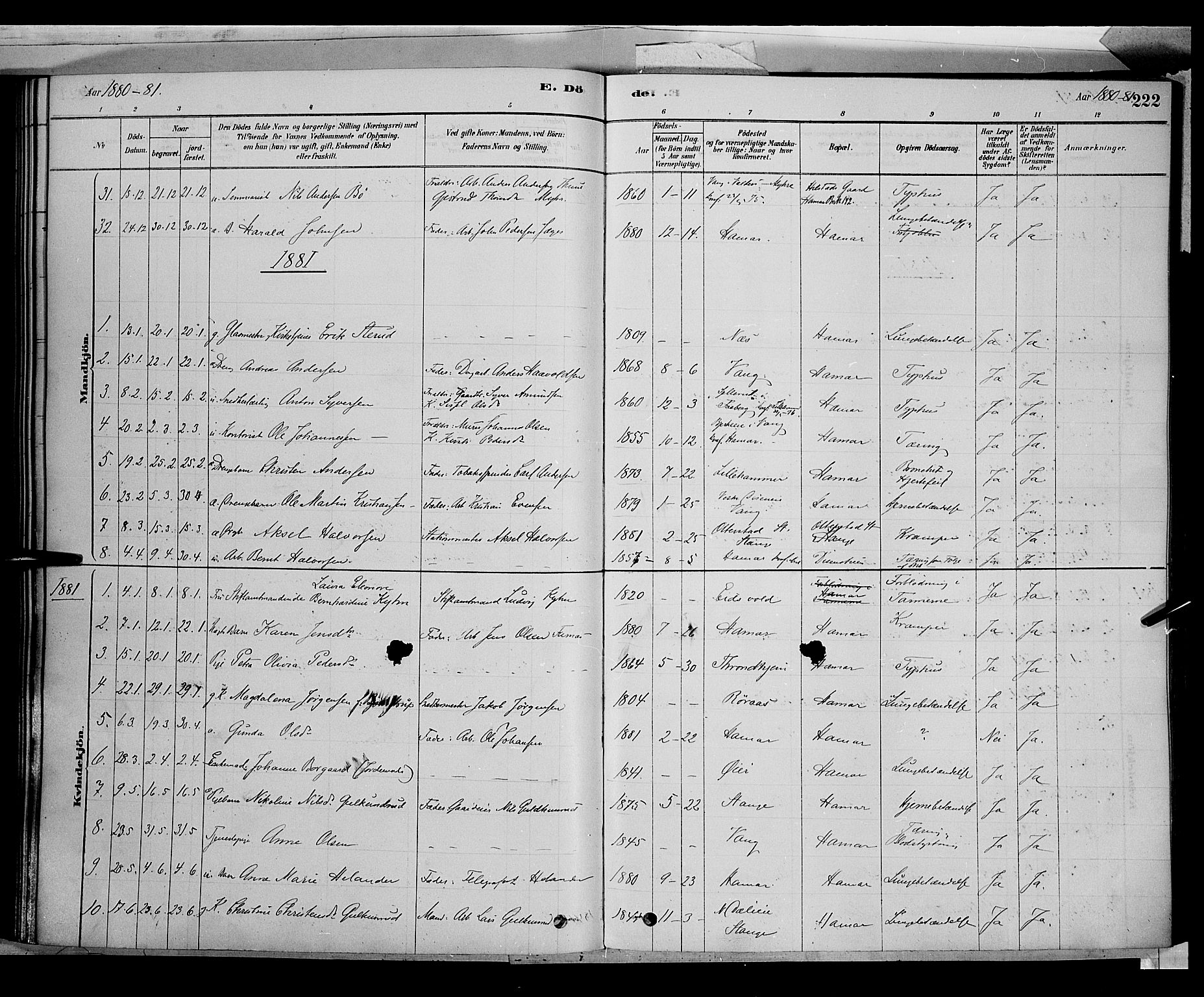 Vang prestekontor, Hedmark, SAH/PREST-008/H/Ha/Haa/L0016: Parish register (official) no. 16, 1878-1889, p. 222