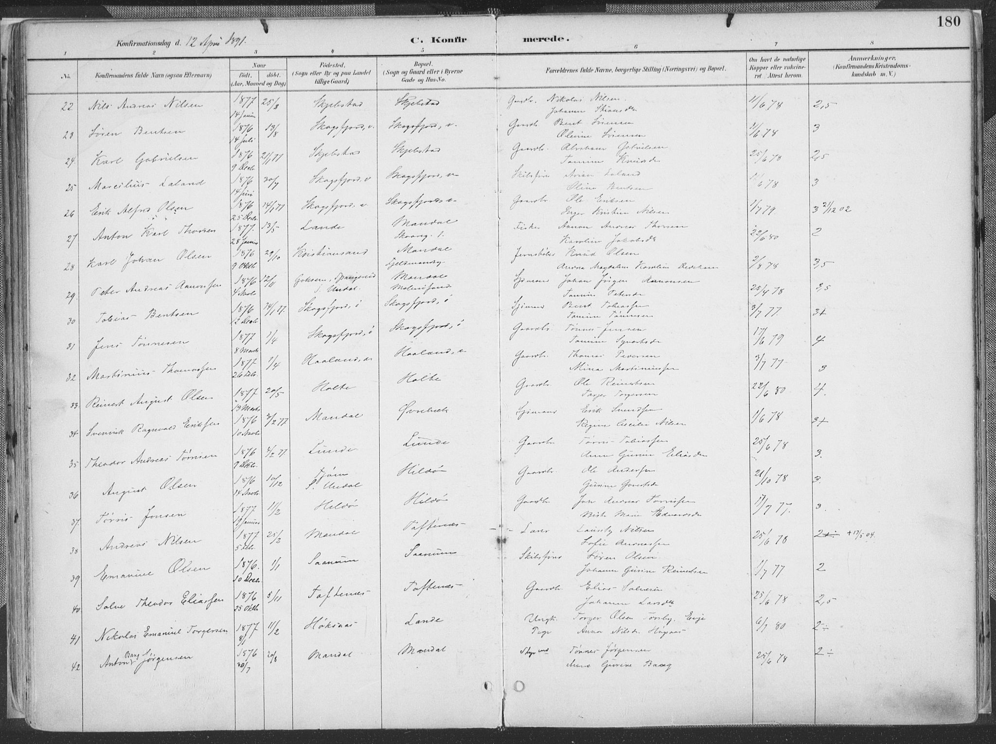 Mandal sokneprestkontor, AV/SAK-1111-0030/F/Fa/Faa/L0018: Parish register (official) no. A 18, 1890-1905, p. 180