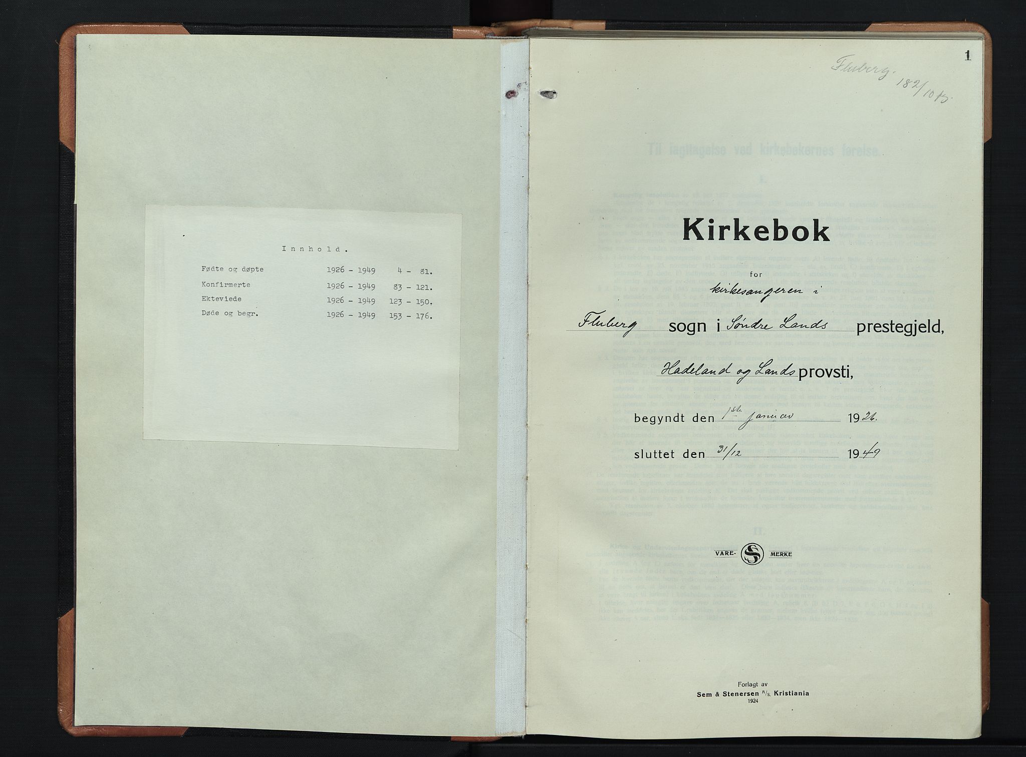 Søndre Land prestekontor, SAH/PREST-122/L/L0008: Parish register (copy) no. 8, 1926-1950, p. 1