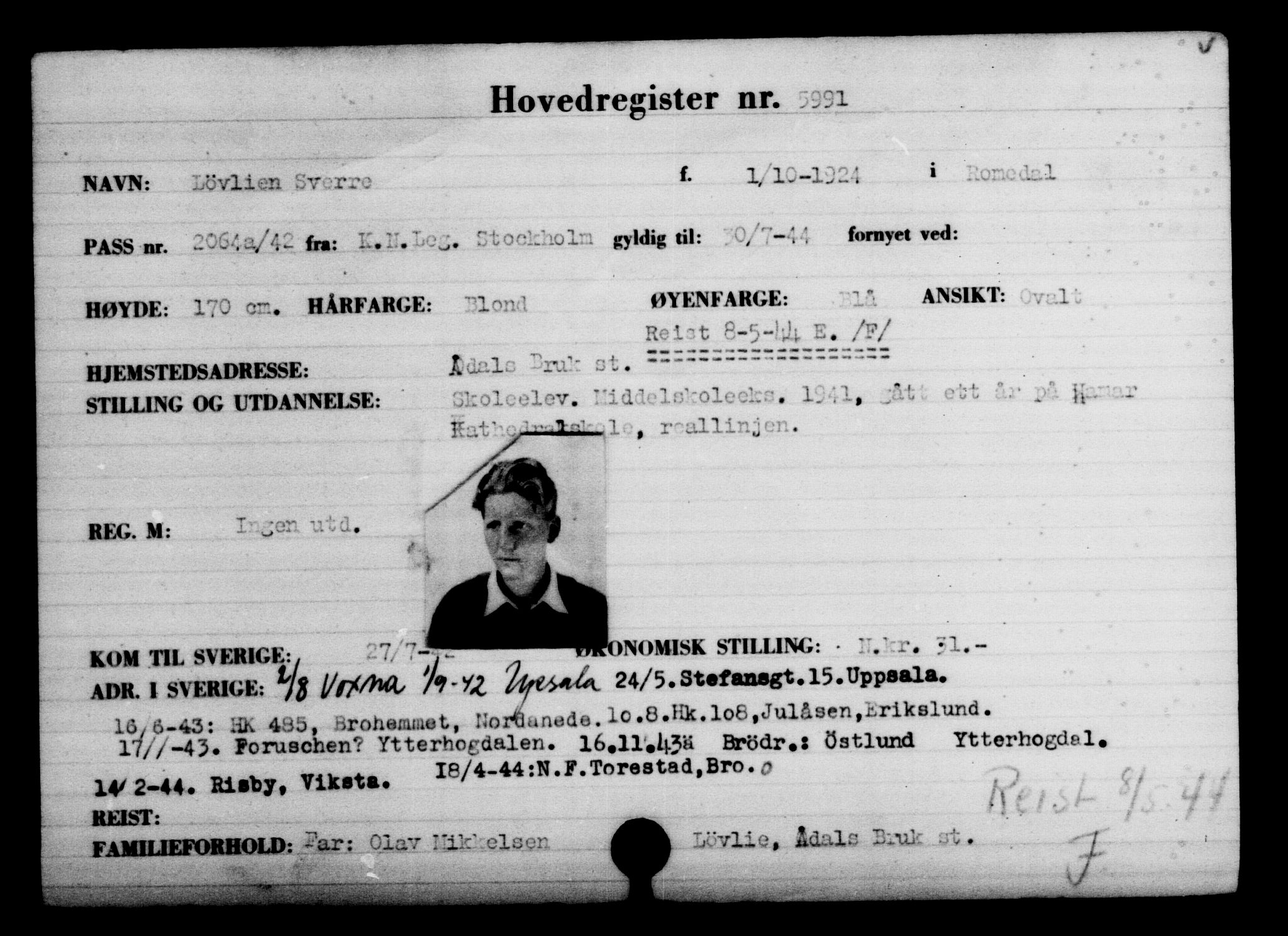 Utenriksstasjonene, Legasjonen i Stockholm, Flyktningkontoret, AV/RA-S-6753/V/Va/L0004: Kjesäterkartoteket, flyktninger med registreringsnr. 3496-6610, 1940-1945, p. 2915