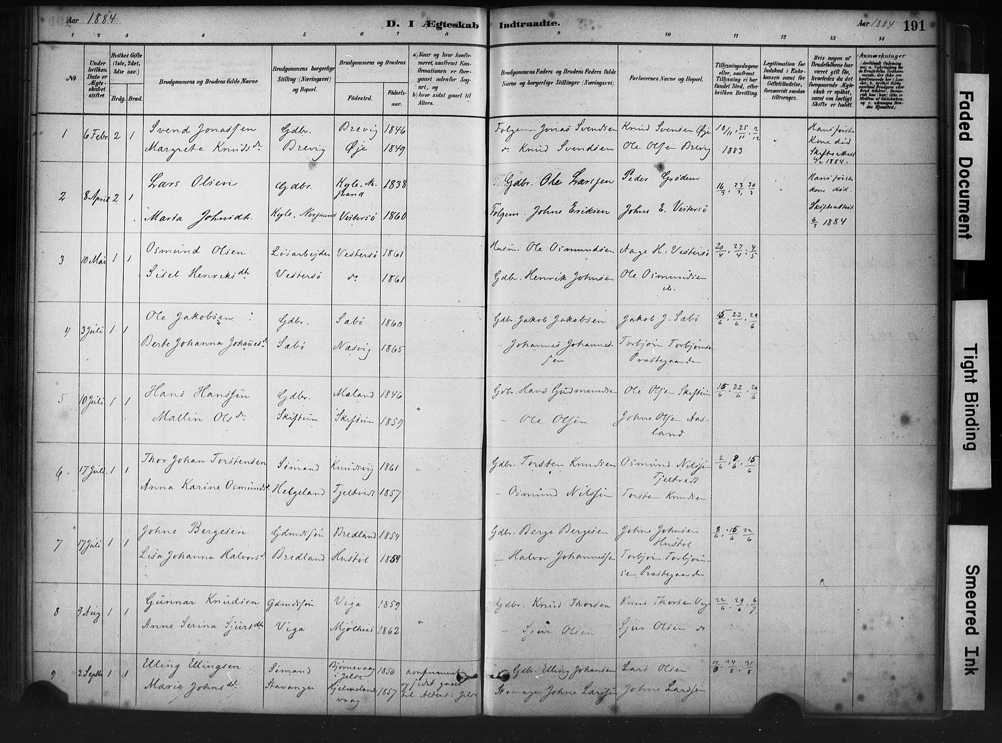 Hjelmeland sokneprestkontor, AV/SAST-A-101843/01/IV/L0014: Parish register (official) no. A 14, 1879-1900, p. 191