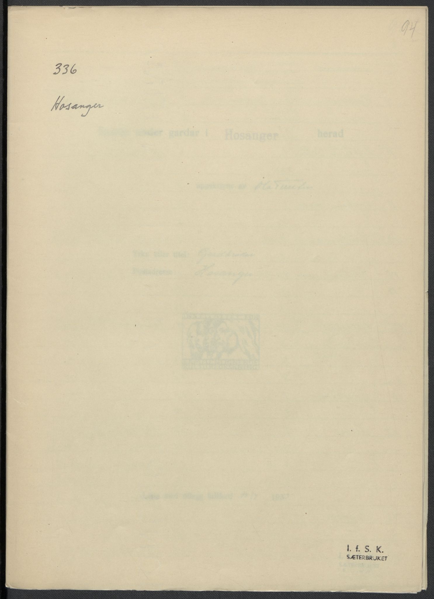 Instituttet for sammenlignende kulturforskning, AV/RA-PA-0424/F/Fc/L0010/0001: Eske B10: / Hordaland (perm XXV), 1932-1939, p. 94