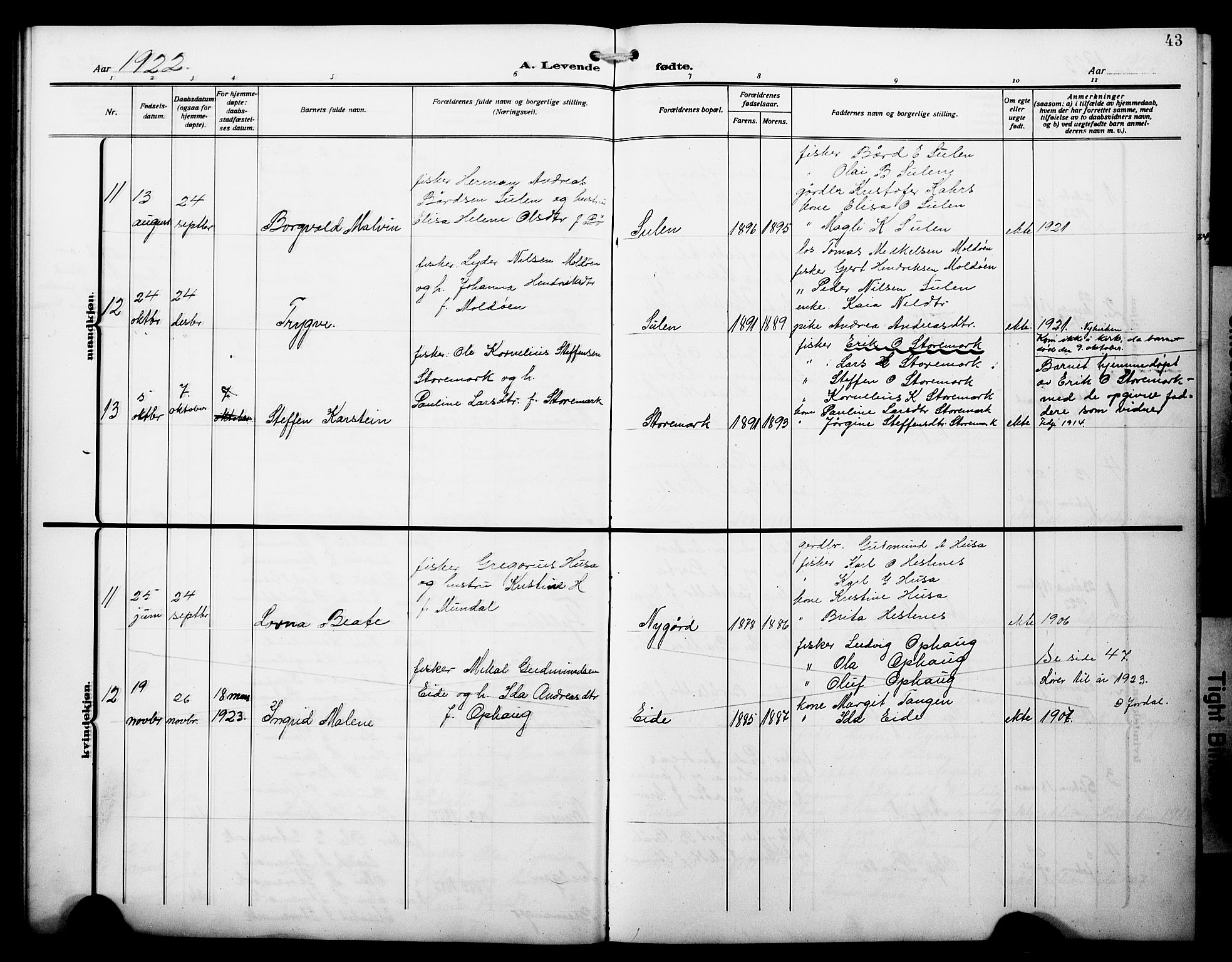 Lindås Sokneprestembete, SAB/A-76701/H/Hab: Parish register (copy) no. D 4, 1913-1928, p. 43