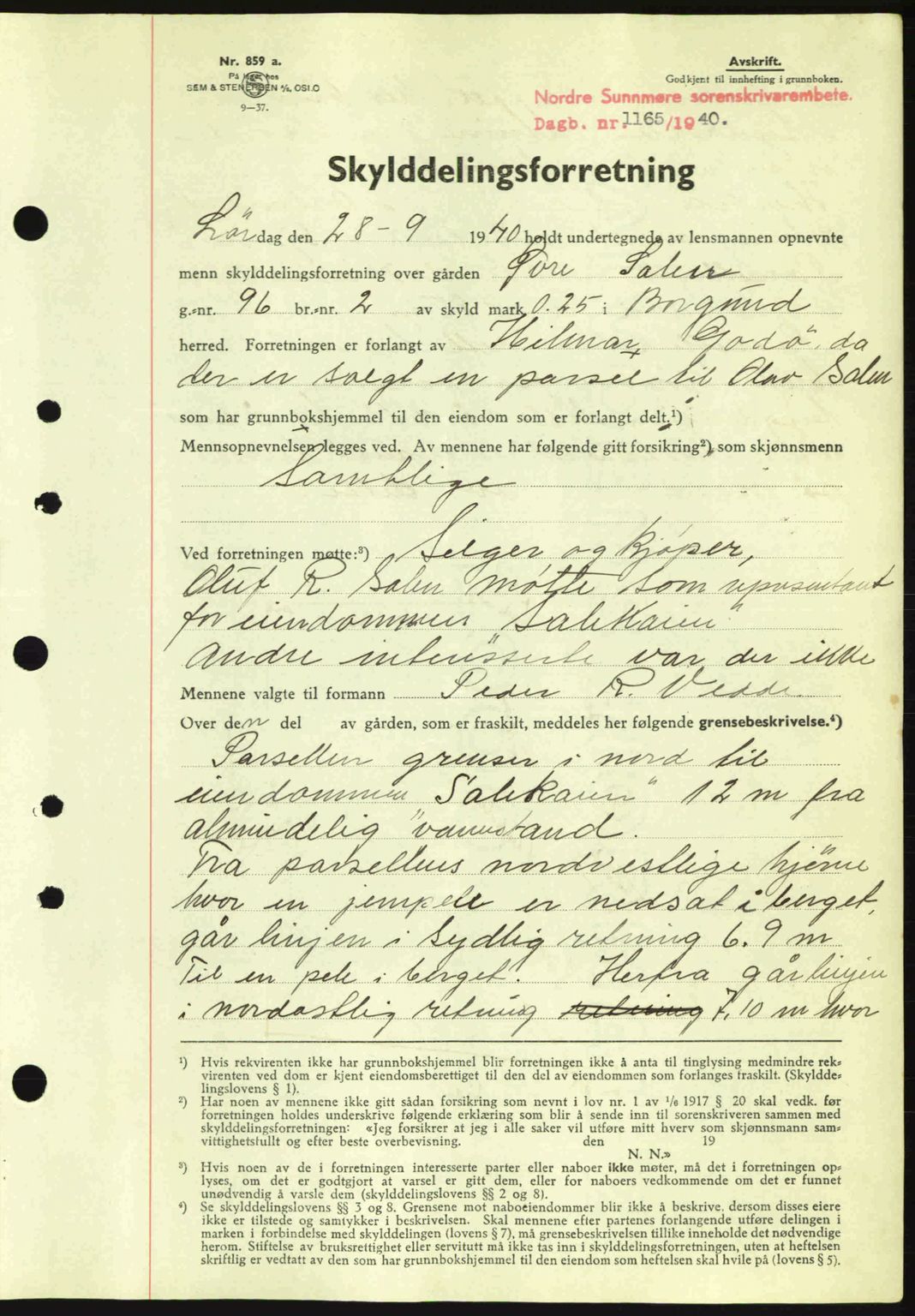 Nordre Sunnmøre sorenskriveri, AV/SAT-A-0006/1/2/2C/2Ca: Mortgage book no. A9, 1940-1940, Diary no: : 1165/1940