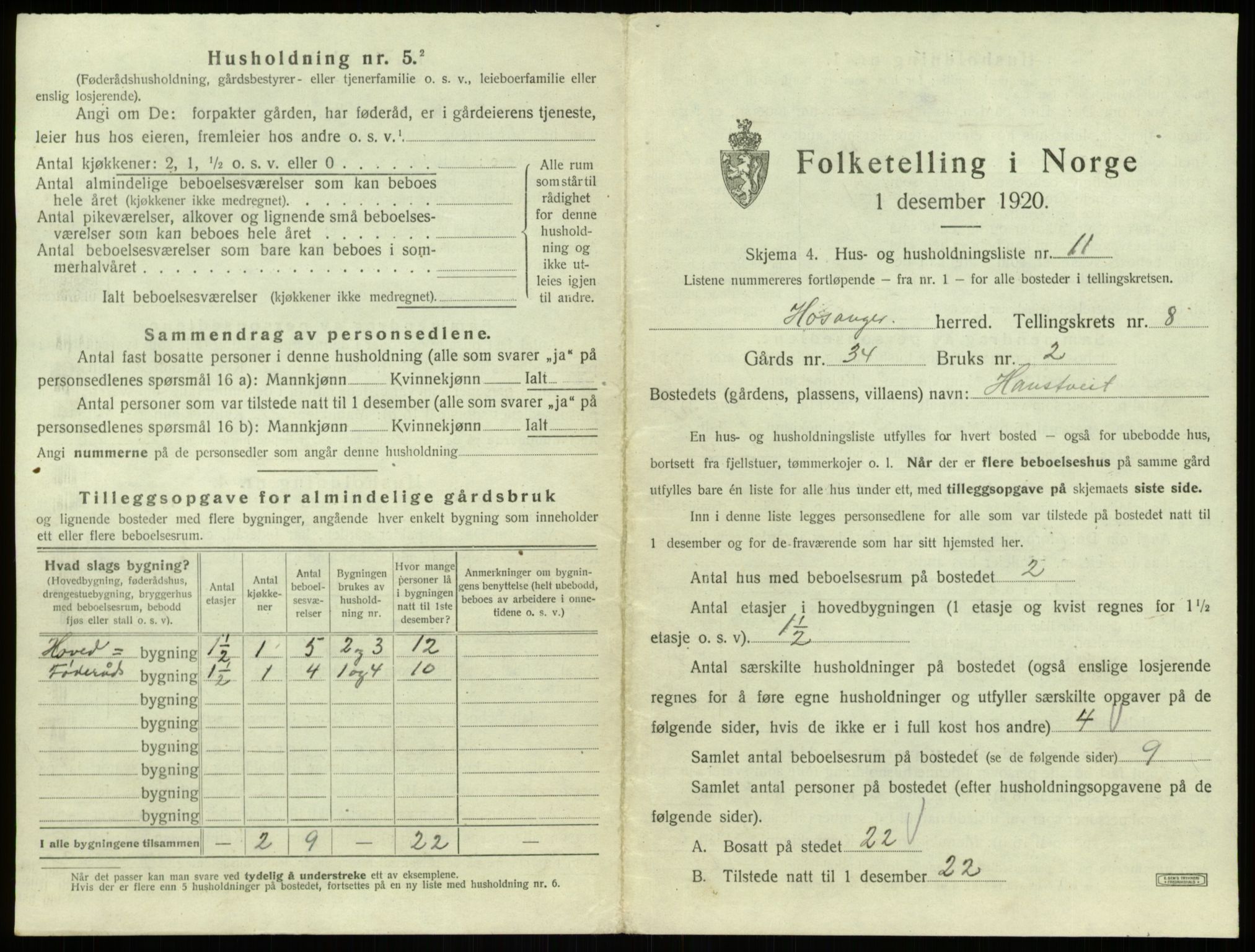 SAB, 1920 census for Hosanger, 1920, p. 446
