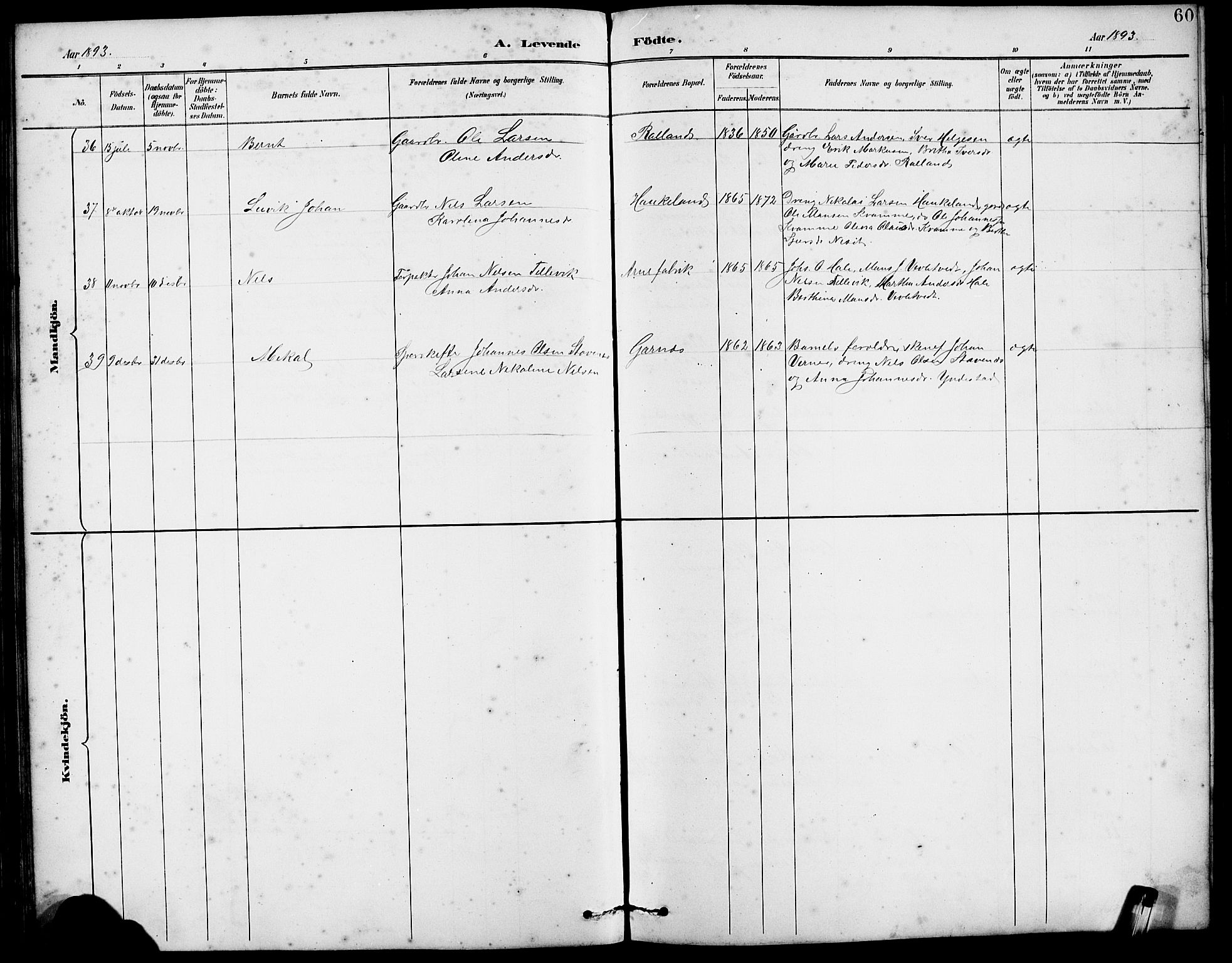 Arna sokneprestembete, AV/SAB-A-74001/H/Ha/Hab: Parish register (copy) no. A 3, 1887-1897, p. 60