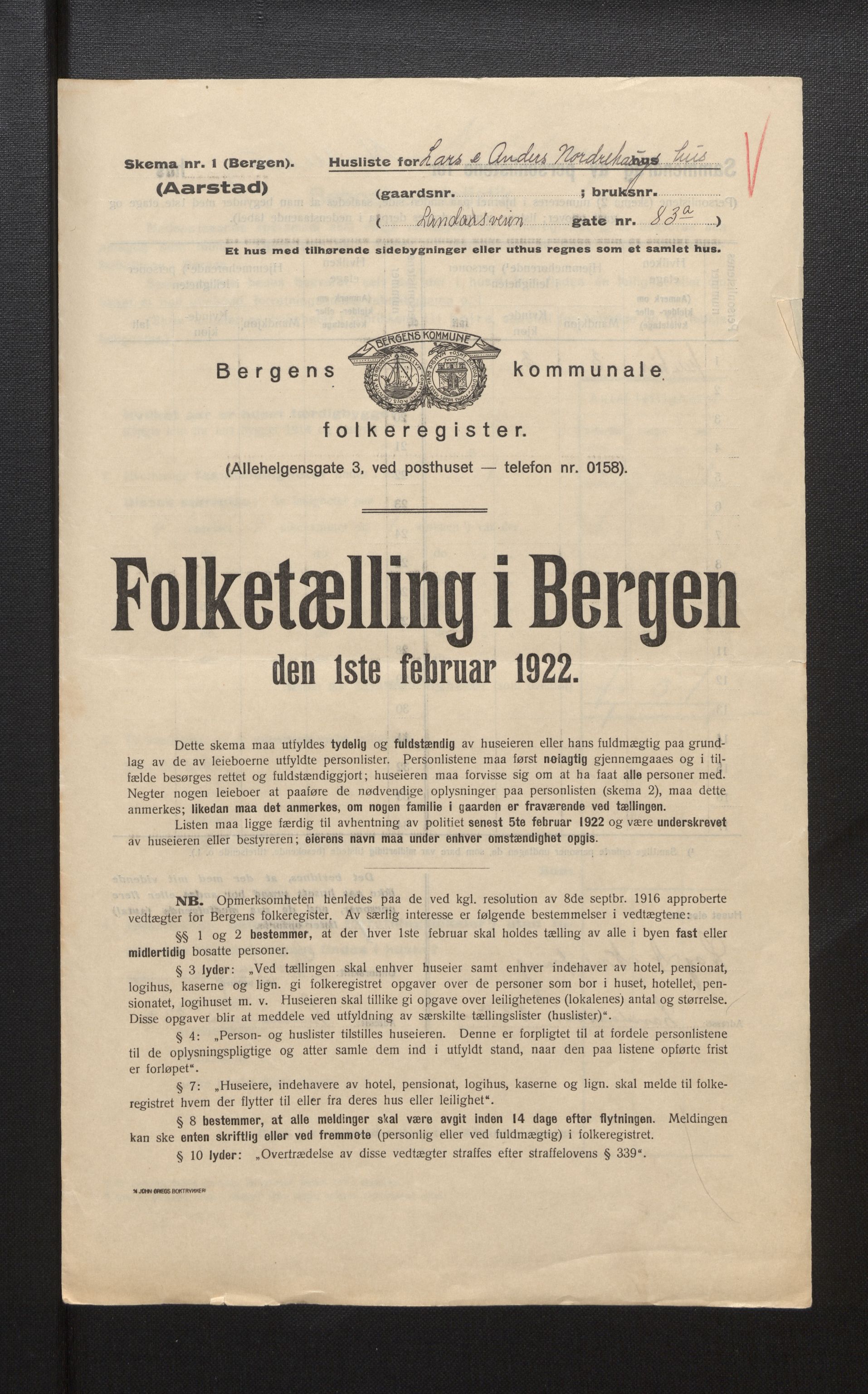 SAB, Municipal Census 1922 for Bergen, 1922, p. 55277