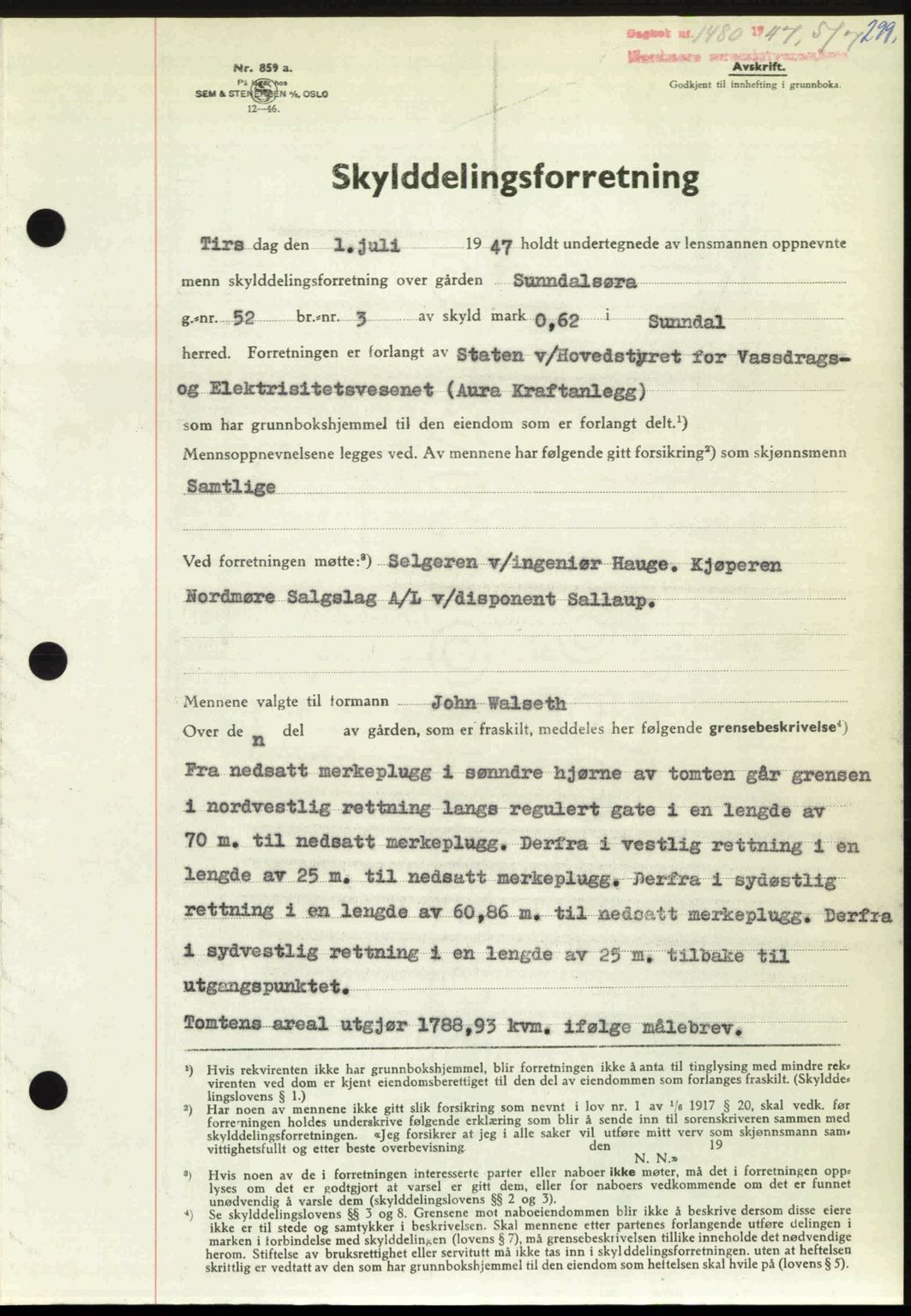 Nordmøre sorenskriveri, AV/SAT-A-4132/1/2/2Ca: Mortgage book no. A105, 1947-1947, Diary no: : 1480/1947