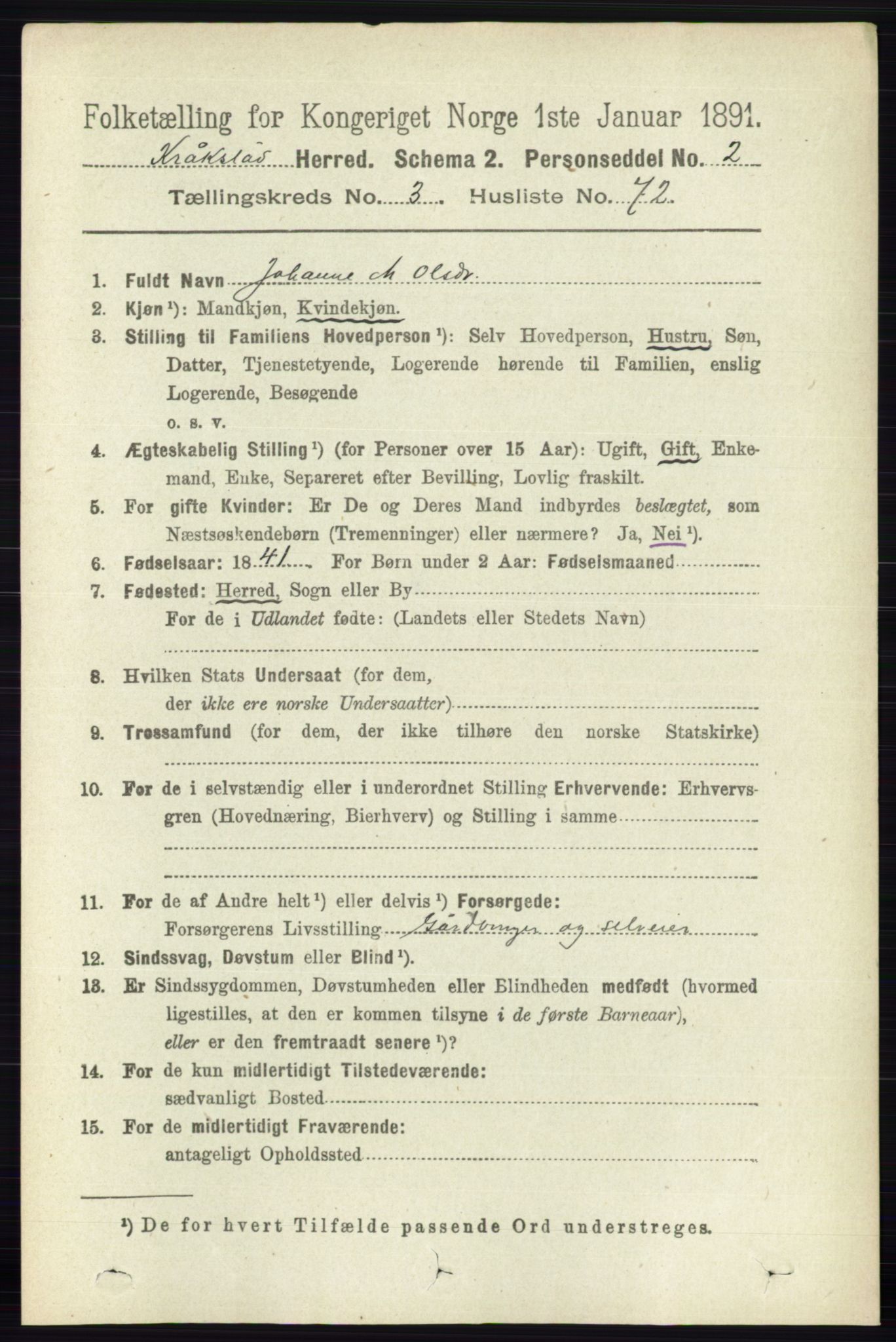 RA, 1891 census for 0212 Kråkstad, 1891, p. 1605