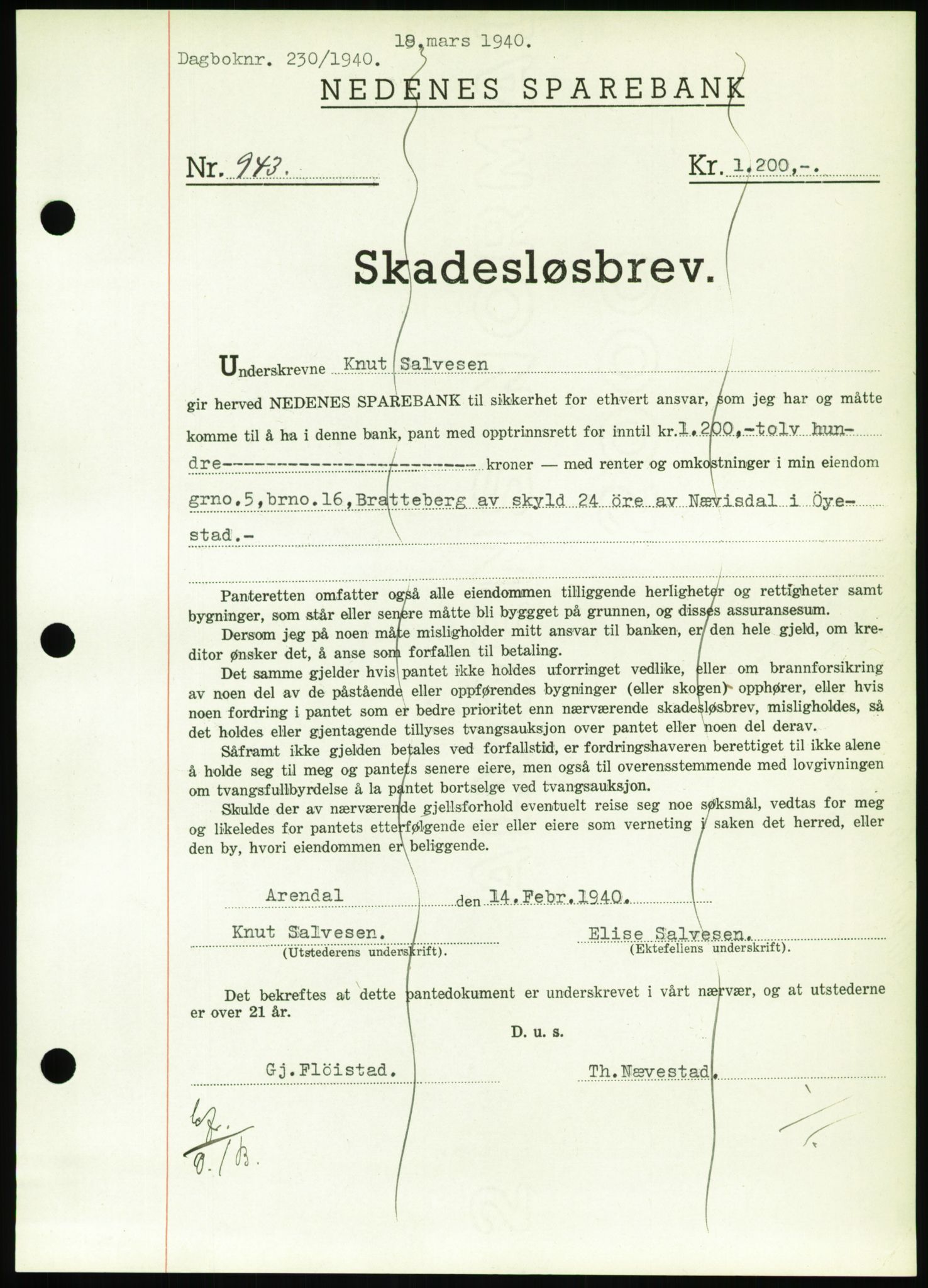 Nedenes sorenskriveri, AV/SAK-1221-0006/G/Gb/Gbb/L0001: Mortgage book no. I, 1939-1942, Diary no: : 230/1940