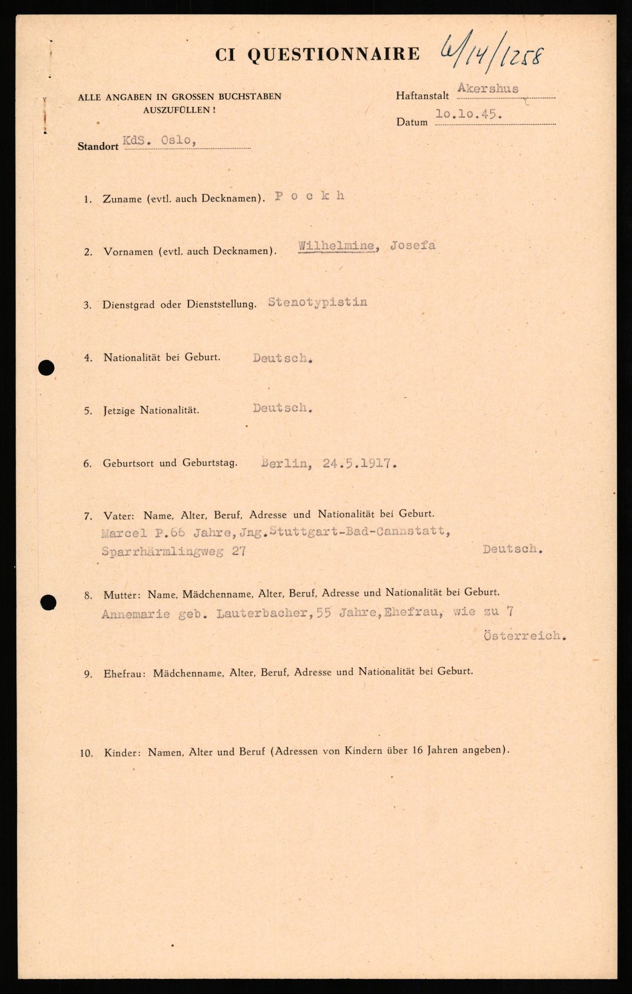 Forsvaret, Forsvarets overkommando II, AV/RA-RAFA-3915/D/Db/L0026: CI Questionaires. Tyske okkupasjonsstyrker i Norge. Tyskere., 1945-1946, p. 241