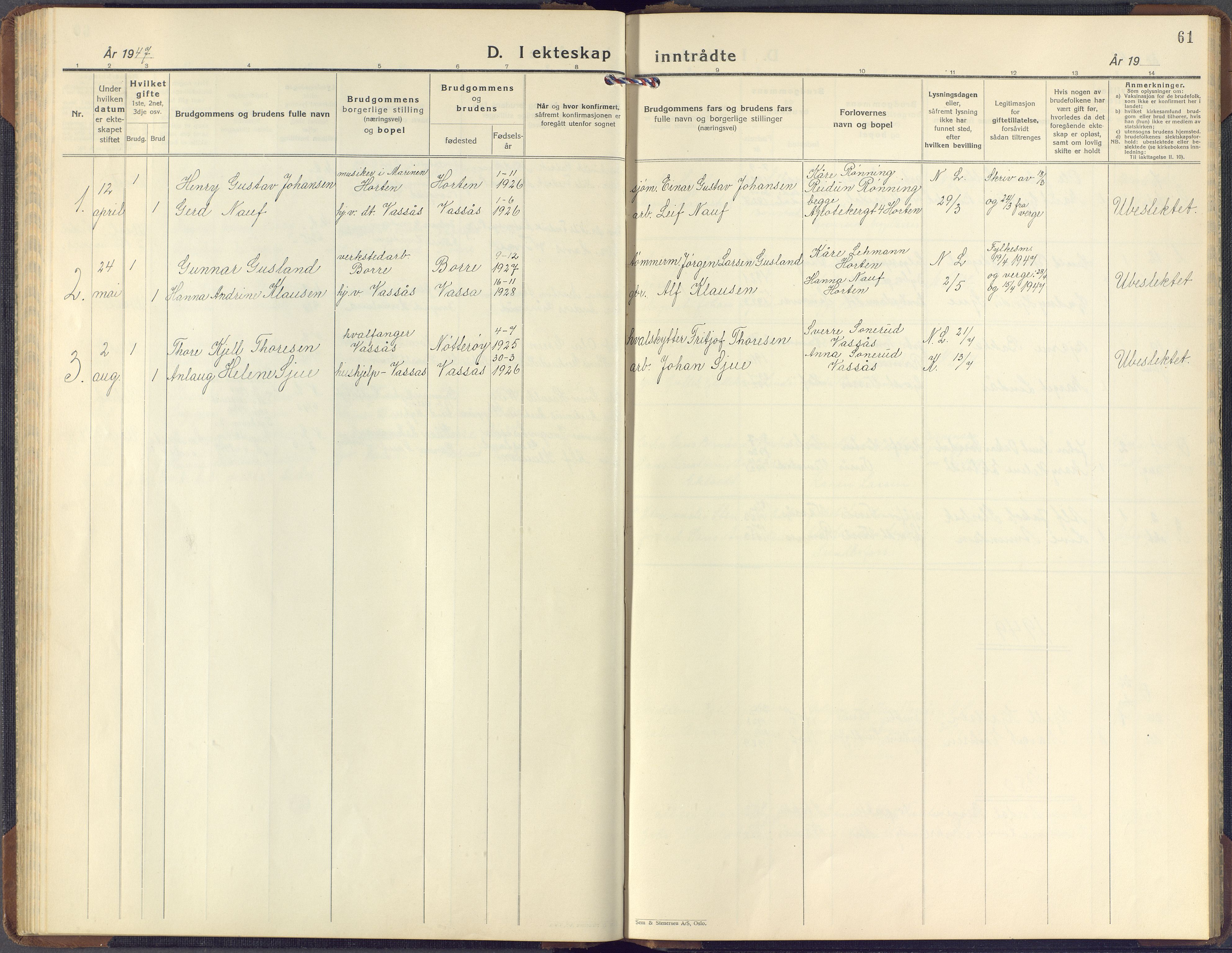 Hof kirkebøker, AV/SAKO-A-64/G/Gb/L0005: Parish register (copy) no. II 5, 1932-1959, p. 61