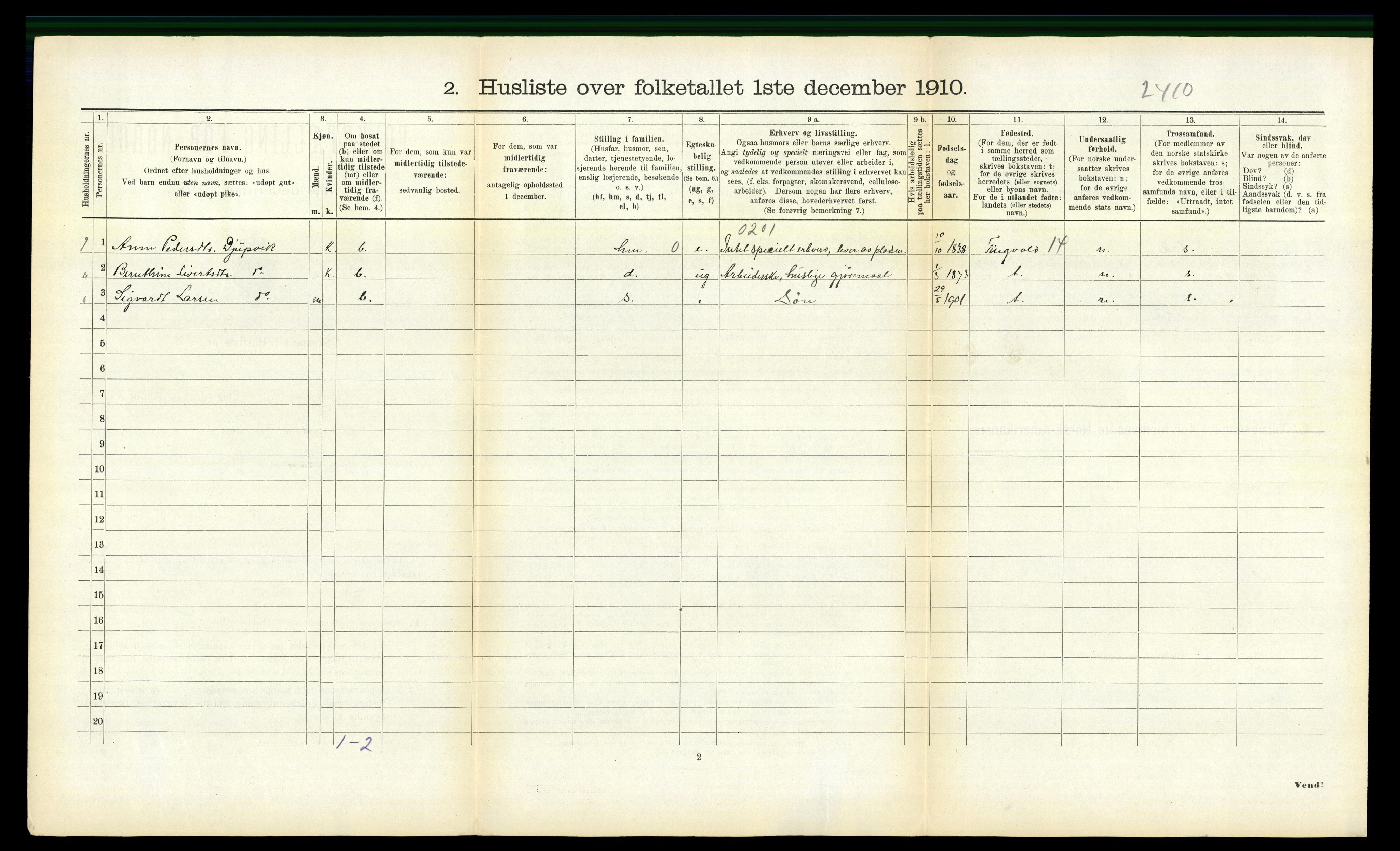 RA, 1910 census for Tustna, 1910, p. 413