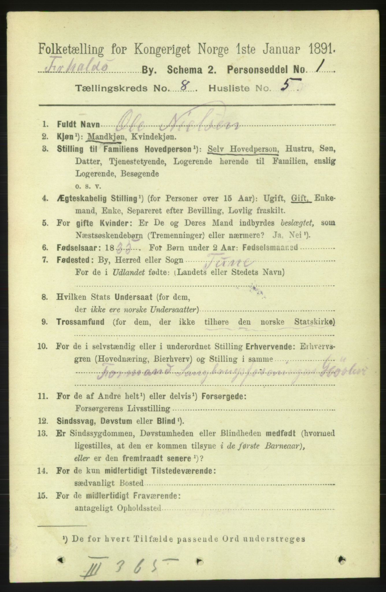 RA, 1891 census for 0101 Fredrikshald, 1891, p. 5423