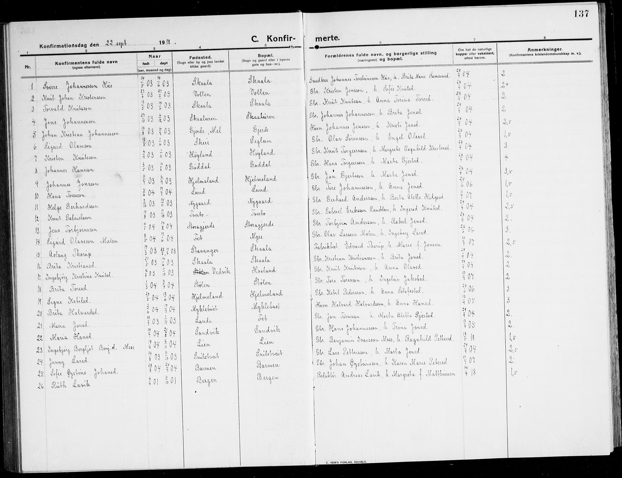 Kvinnherad sokneprestembete, SAB/A-76401/H/Hab: Parish register (copy) no. A 3, 1911-1945, p. 137